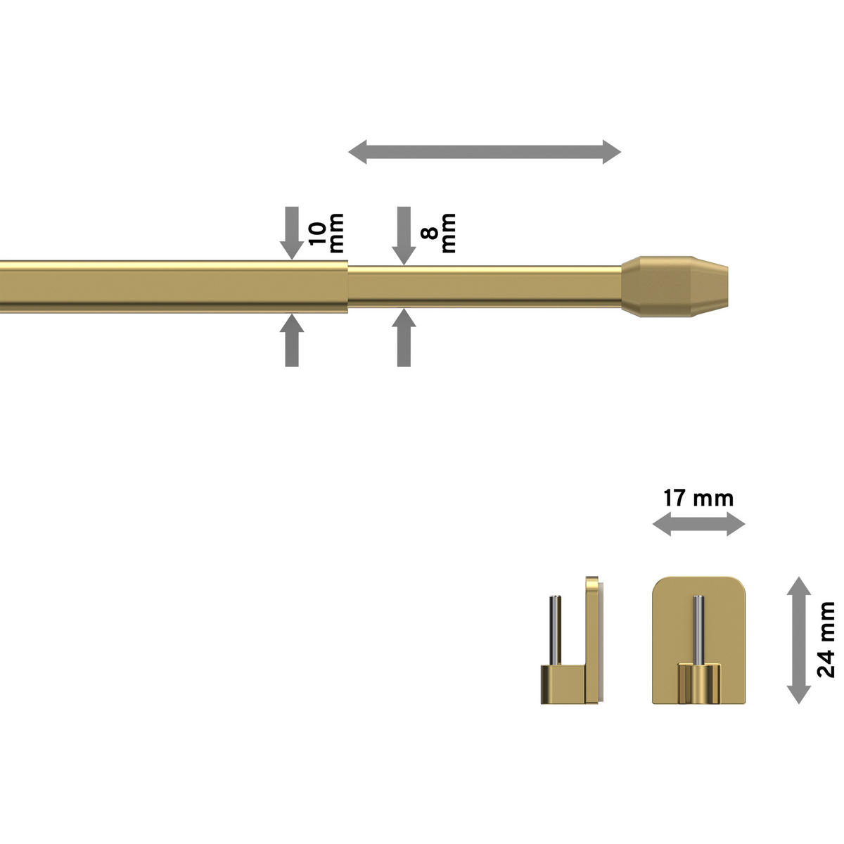 SCHEIBENSTANGEN/VITRAGESTANGEN MIT KLEBEHAKEN Geno 30-50 cm, oval, Messing-farbig, Packung 2 Stück - Messingfarben, Kunststoff/Metall (1.2/2.4/50cm) - INTERDECO