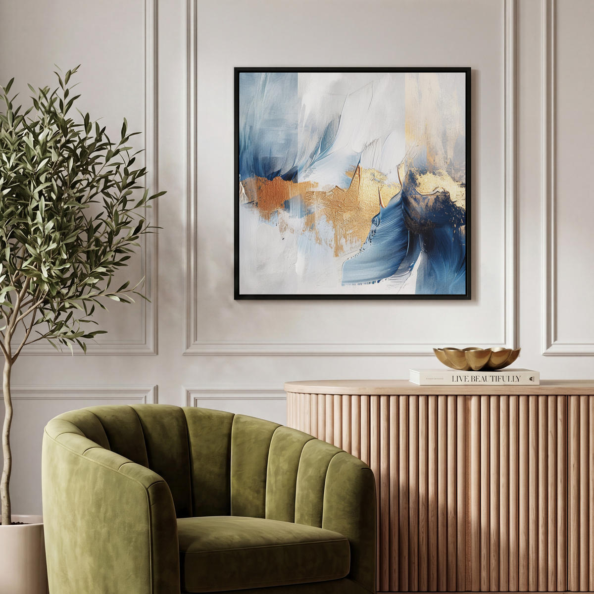 LEINWAND Bilder mit Rahmen - Gold - Blau - Aquarell - Kunst - Modern - 50x50 - Hellblau, Textil (50/50cm) - MuchoWow