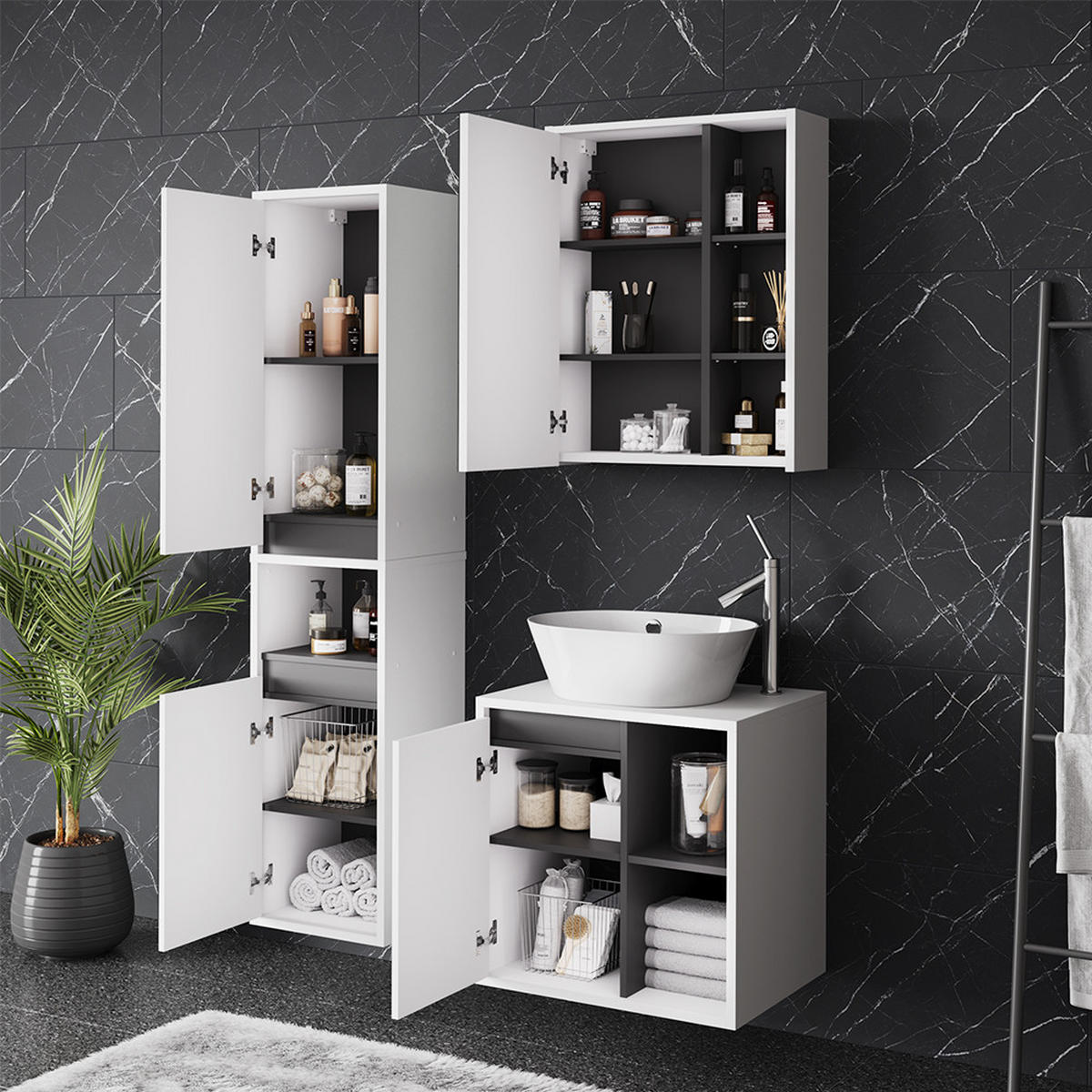 SADA KOUPELNOVÉHO NÁBYTKU Viola Bílá/šedá - bílá/šedá, kompozitní dřevo (60/60/45.5cm) - Vicco