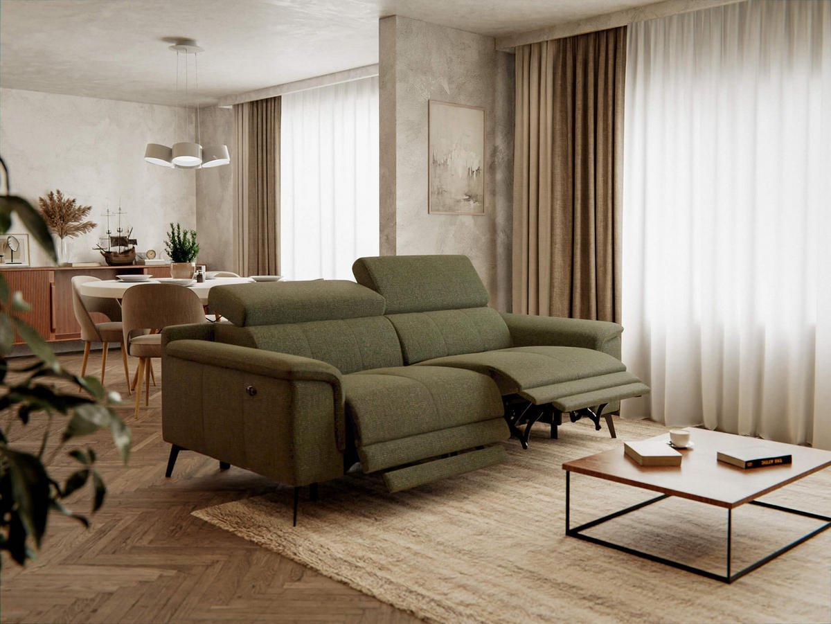 RELAXSOFA FIERO 3-Sitzer mit 2 Relaxfunktionen, olivgrün - Schwarz/Olivgrün, Holzwerkstoff/Textil (212/82/103cm) - Courtois Laville