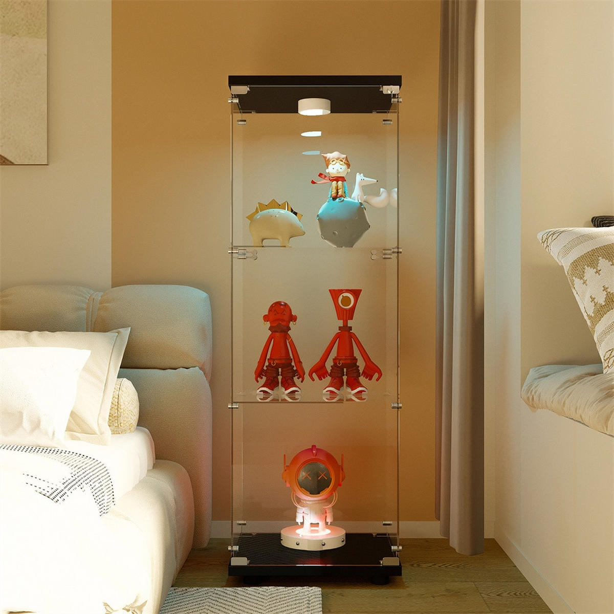 VITRINE - Glasvitrine mit 1 Tür und 3 Ebenen - integrierte LED-Beleuchtung - Schwarze Decken- und Bodenplatte - Schwarz, Glas (42/125/36cm) - DELFA