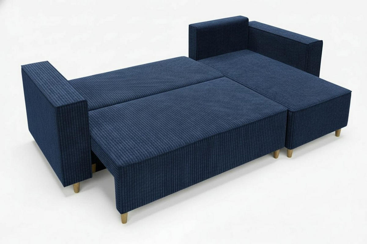 ECKSOFA RIO mit Schlaffunktion und Bettkasten, Farbe: Blau, Cordstoff, Ottomane Universal - Blau, Textil (249/142cm) - Marpur
