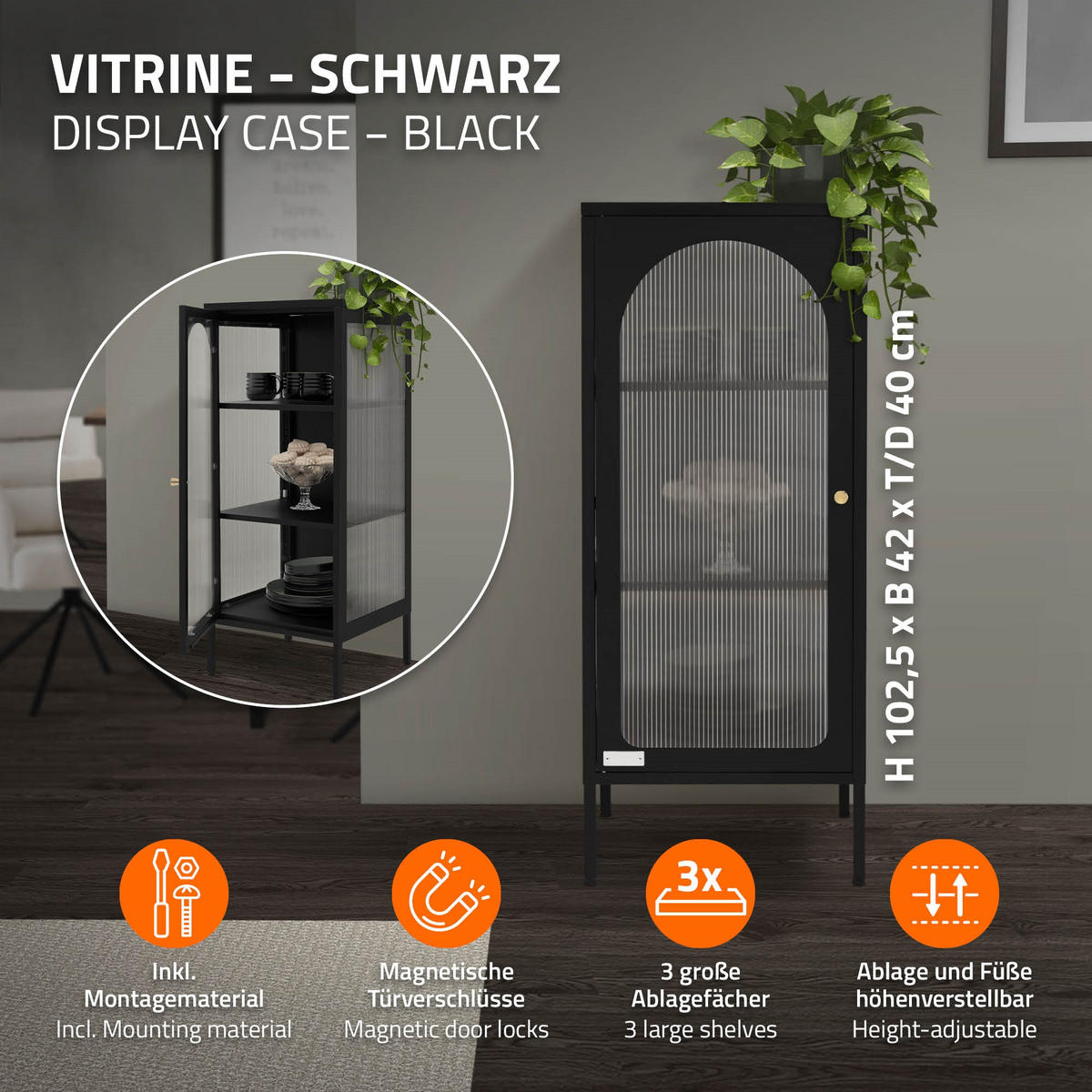 VITRINENSCHRANK Schwarz 42/40/102,5 cm - Schwarz, Metall (40/102.5/42cm) - ML-DESIGN