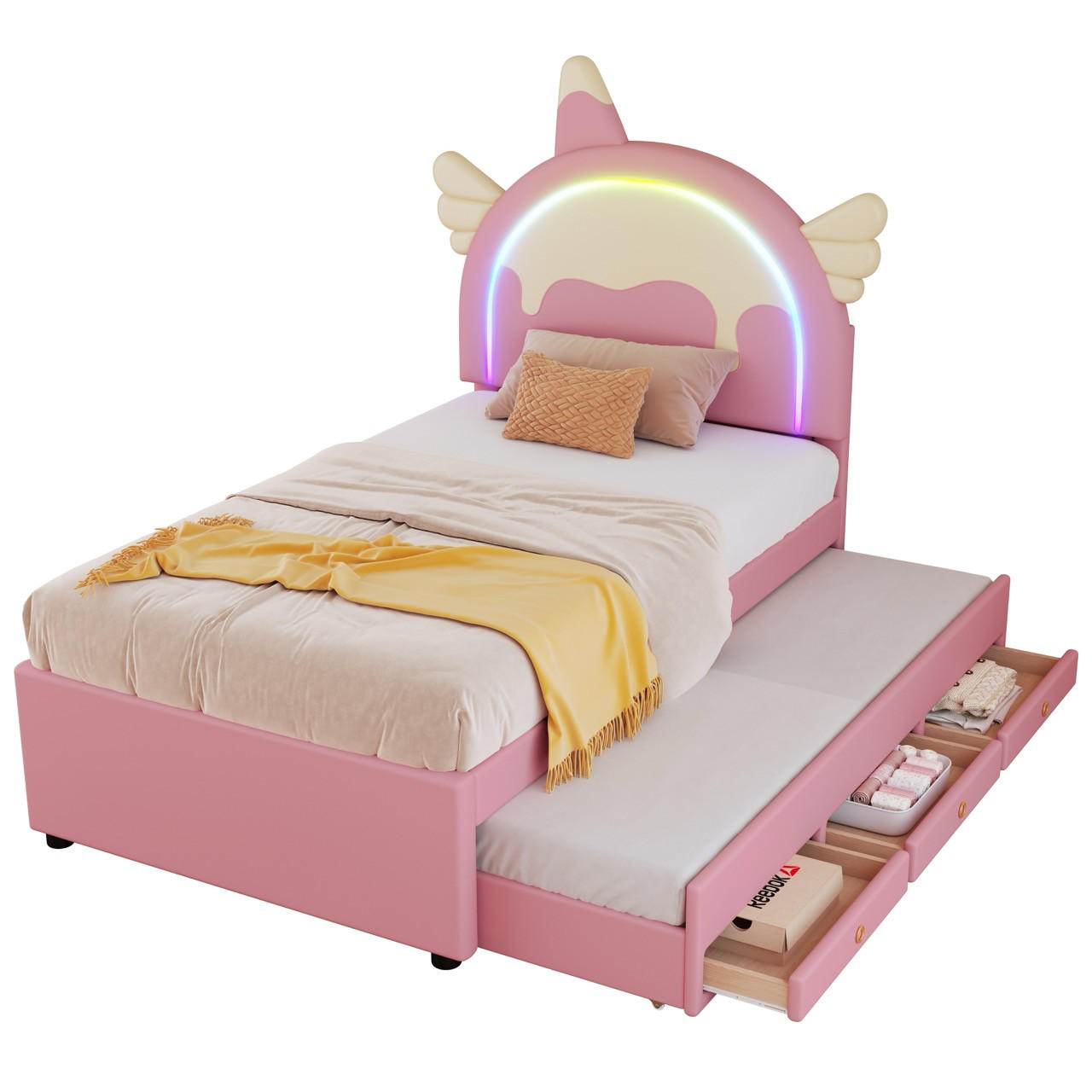 KINDERBETT 90x200cm Rosa Cartoon Einhornform mit Rollbett PU - Pink, Holz (90/200cm) - FLIEKS