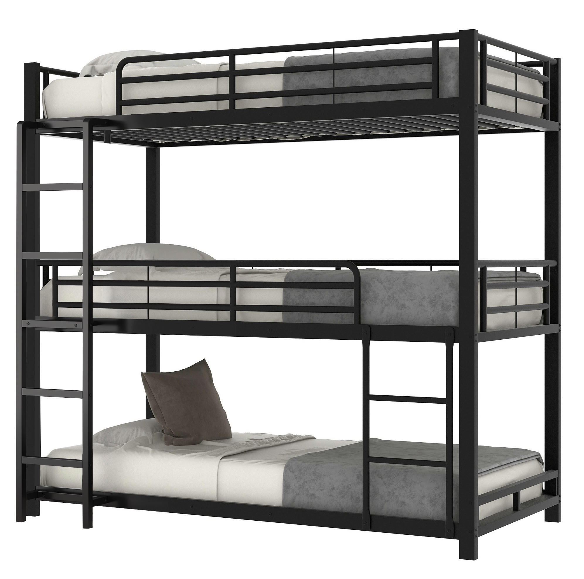 DREIFACH-ETAGENBETT 90/200 cm aus Metall mit Leiter, platzsparendem Design und Sicherheitsgeländern, Schwarz - Schwarz, Metall (90/200cm) - Redom