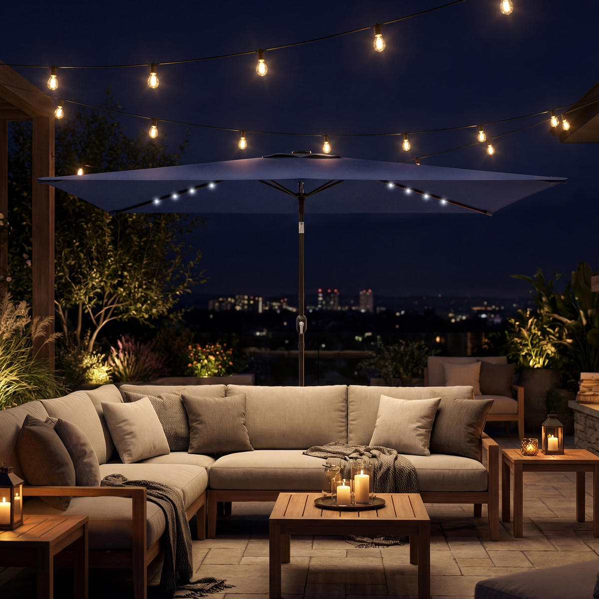 SONNESCHIRM mit Solar LED Marineblau 289/198/248 cm - Dunkelblau, Metall (198/289cm) - Outsunny