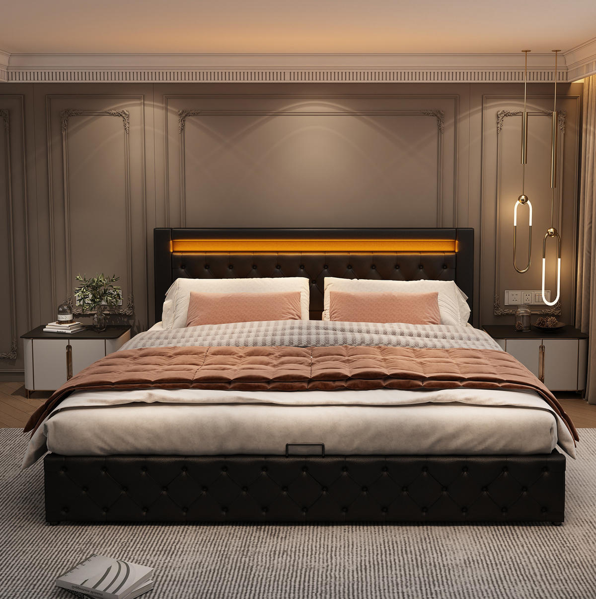 POLSTERBETT 180/200 cm schwarz aus PU mit Bettkasten und LED-Beleuchtung - Schwarz, Kunststoff (180/200cm) - OKMYHOME