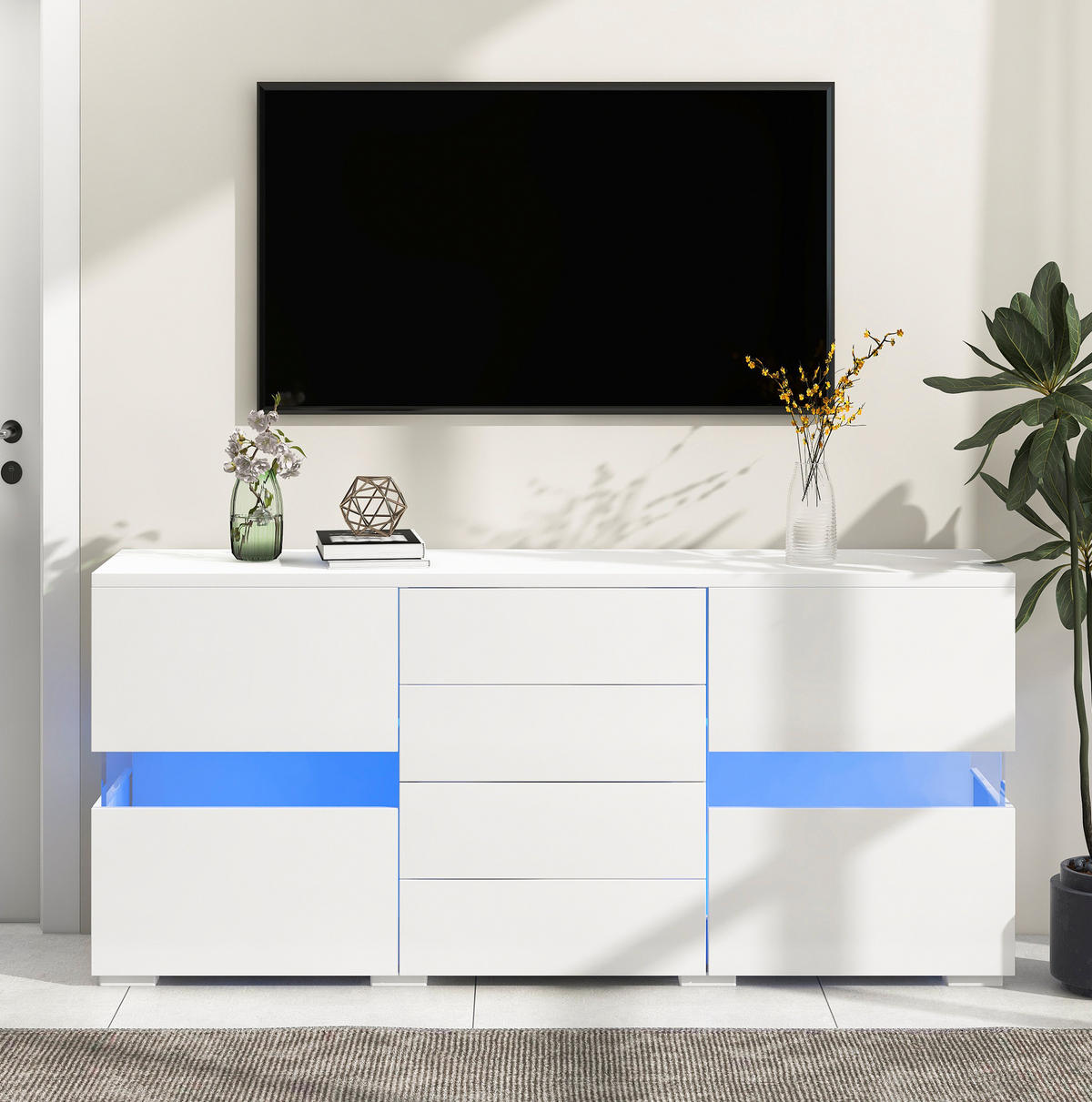 SIDEBOARD 140/35/72 cm in Weiß mit LED-Beleuchtung und 4 Schubladen - Weiß, Holzwerkstoff (145/72/35cm) - Flora Grace