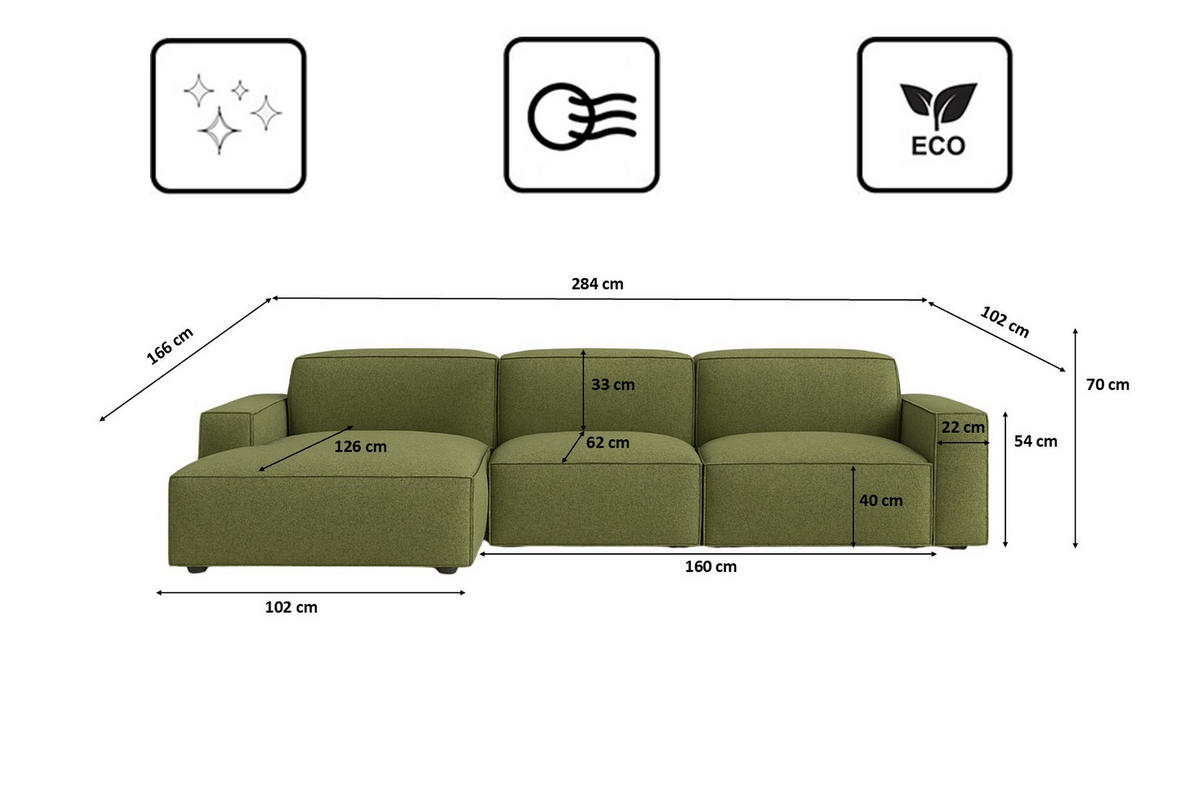 ECKSOFA Cursal L-Form, Stoff Artico, Moss, Links - Grün, Holz (284/166cm) - Kaiser Möbel