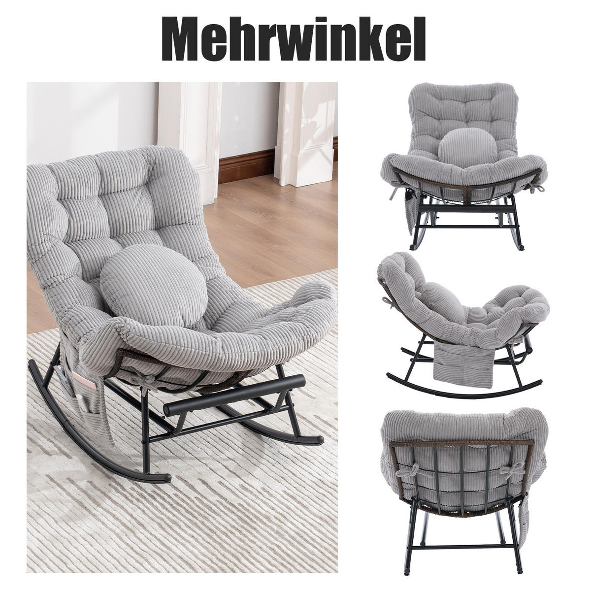 SCHAUKELSTUHL mit Fußstütze,Schaukelsessel XXL Rattanstuhl mit Kissen, Cord, Hellgrau - Hellgrau, Textil (90/78/150cm) - LVHOM