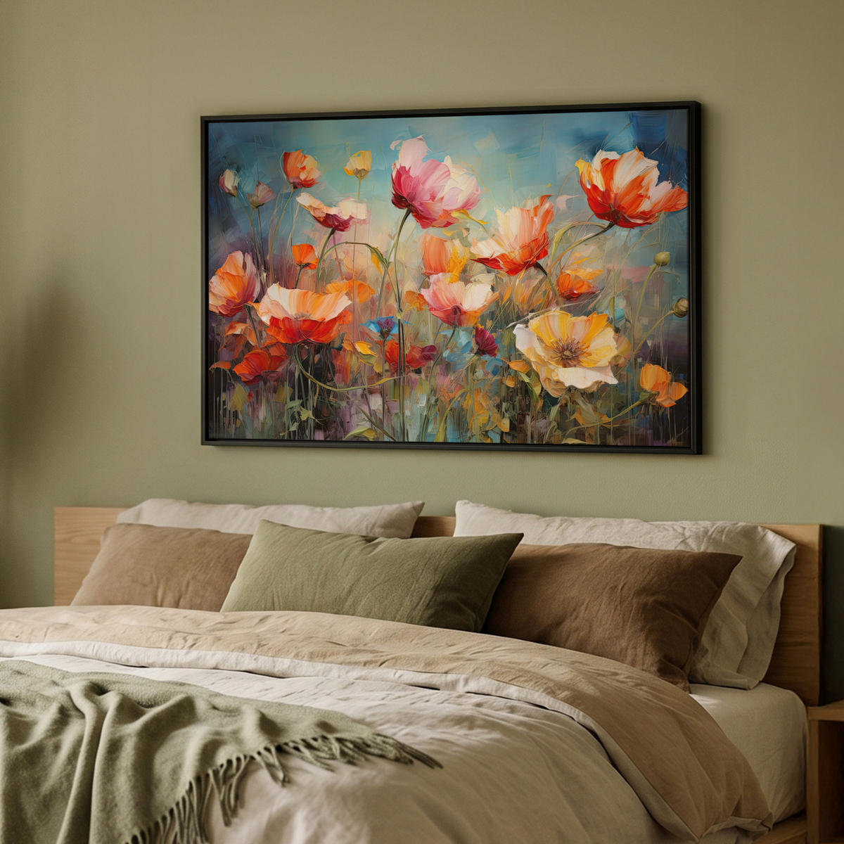 LEINWAND Bilder mit Rahmen - Blumen - Aquarell - Kunst - Botanisch - Natur - 90x60 - Orange, Textil (90/60cm) - MuchoWow