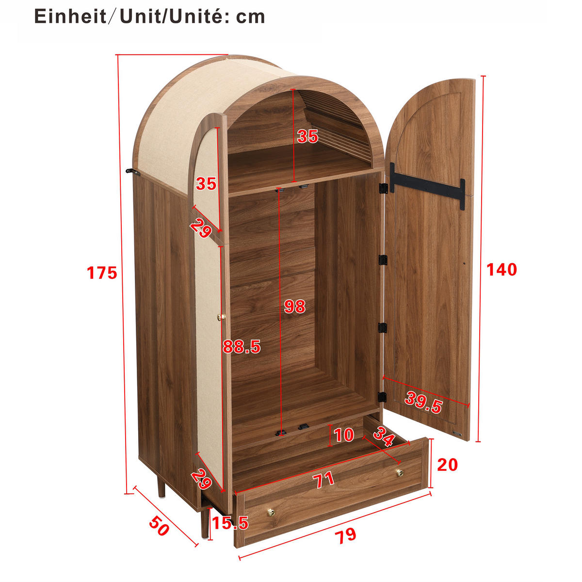 KLEIDERSCHRANK Holz Stoff Türen - Naturfarben, Holz (50/175/79cm) - LEBENLANG