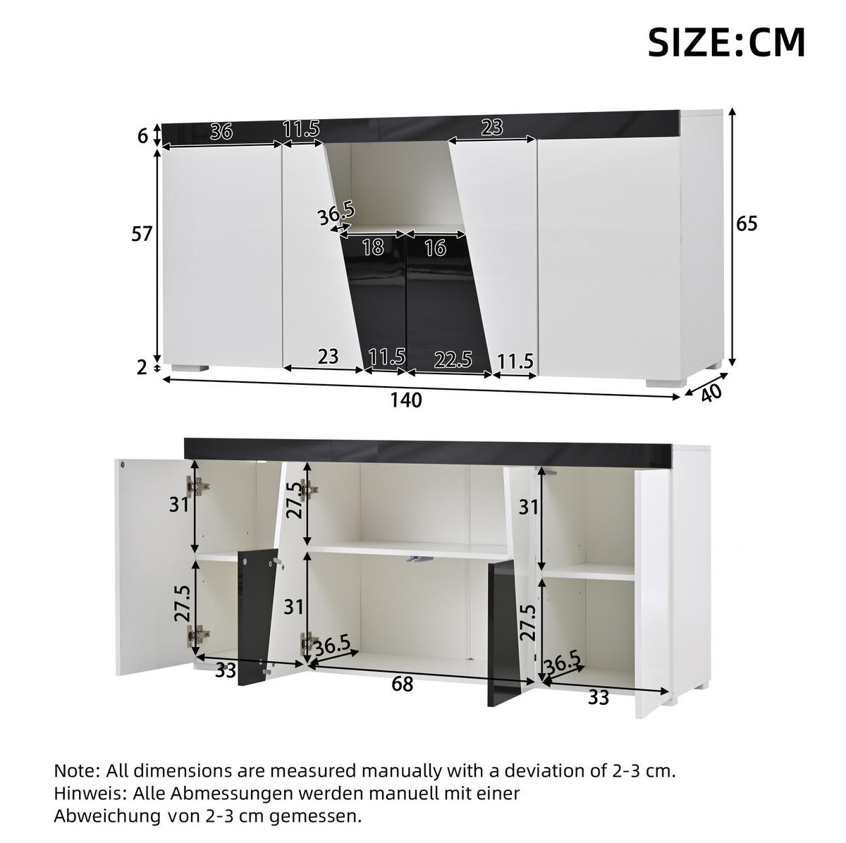 SIDEBOARD 140/40/65 cm in Weiß mit 4 Türen und LED-Beleuchtung - Weiß, Holzwerkstoff (140/65/40cm) - Flora Grace