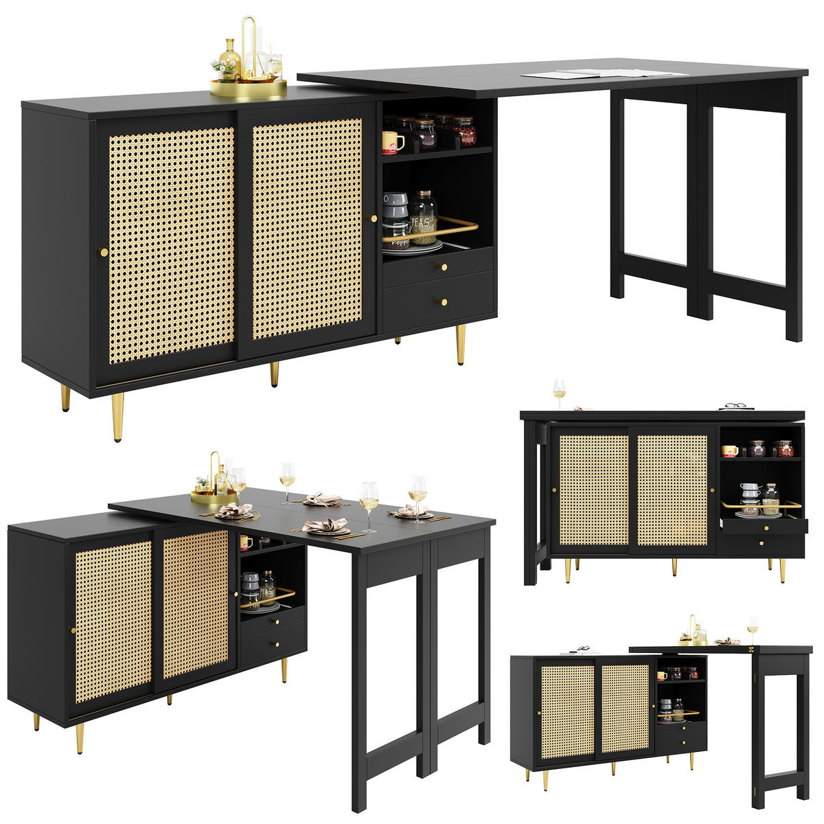 SCHREIBTISCHKOMBINATION mit Rattan-Türen, 187/40/76cm - Schwarz, Holzwerkstoff (187/40/76cm) - Urban Meuble