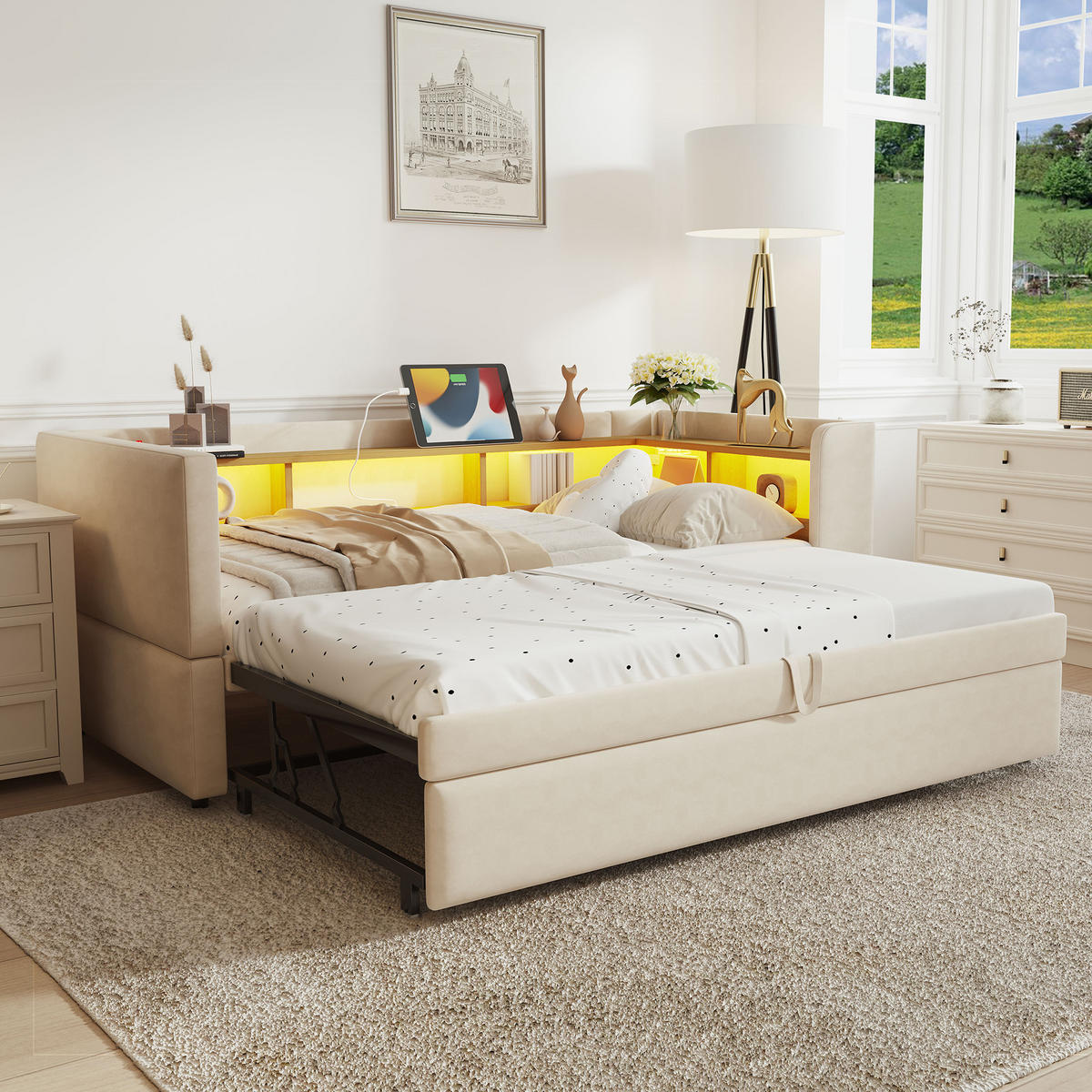 POLSTERBETT 90/180 x 190 cm aus Flanell mit LED-Beleuchtung und Steckdosen Beige - Beige, Textil (90/190cm) - Modenvie