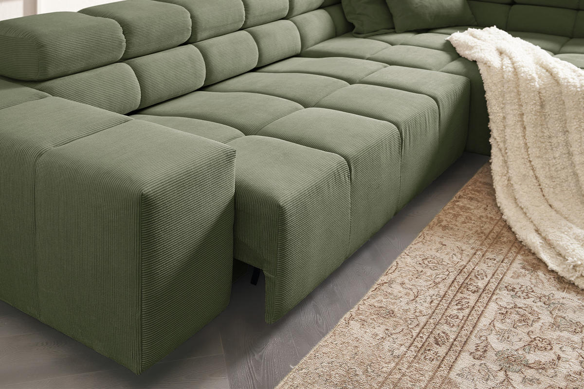 ECKSOFA MIT MOTORISCHEM SITZVORZUG NEVADA Dunkelgrün Cord - Dunkelgrün/Schwarz, Kunststoff/Textil (319/215cm) - KAWOLA