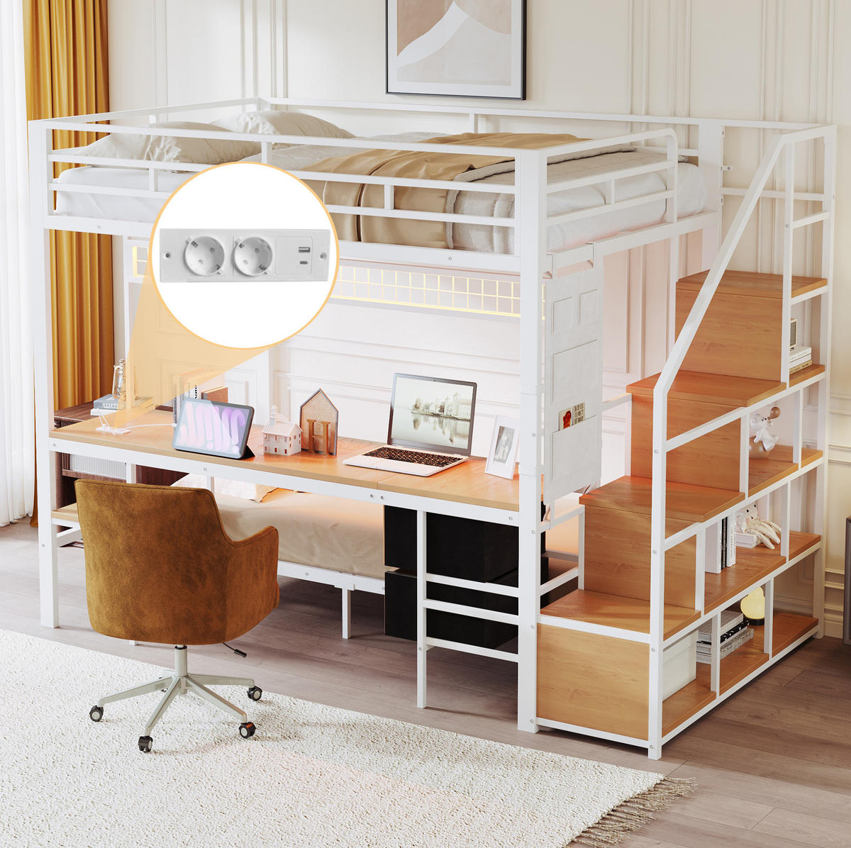 HOCHBETT 140/200 & 90/200 cm aus Metall/MDF mit Schreibtisch, LED und Stauraum Weiß - Weiß, Metall (140/200cm) - Modenvie