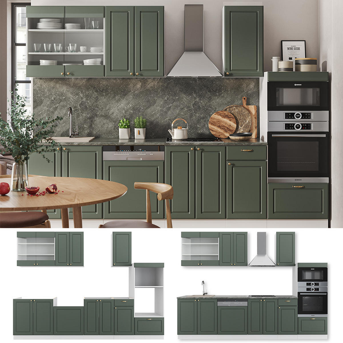 KÜCHENZEILE Fame-Line Grün-Gold Landhaus/Weiß 300 cm AP Anthrazit - Weiß/Grün, Holzwerkstoff (300/81.6/60cm) - Vicco