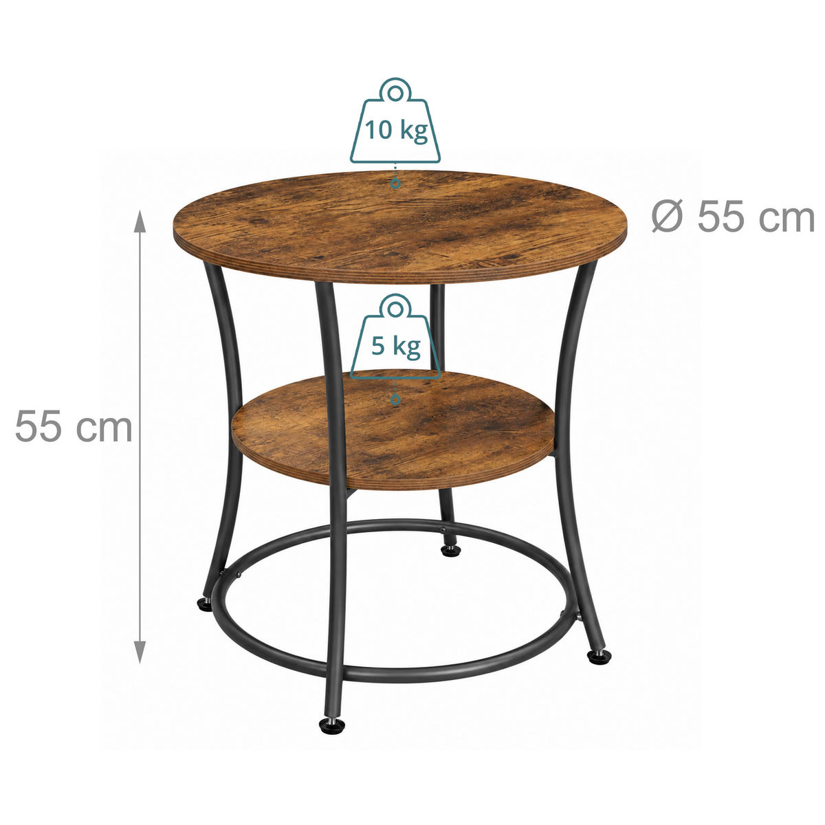 BEISTELLTISCH Vintagebraun Schwarz rund 2 Ablagen 55x55 cm - Dunkelbraun, Holzwerkstoff/Metall (55/55/55cm) - Relaxdays