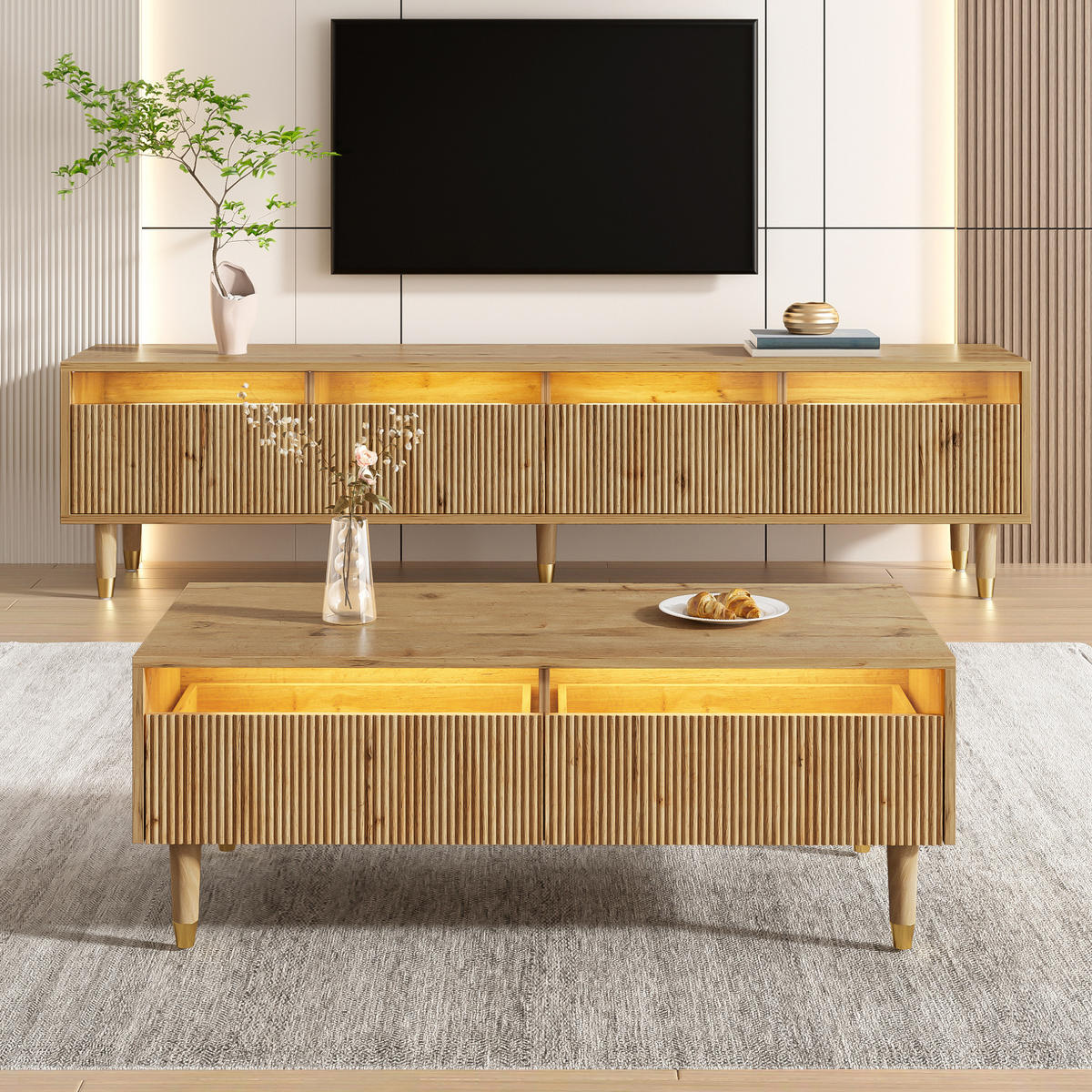 OBÝVACÍ sestava 178/35/45 cm a 110/50/40 cm dřevěná z MDF s LED osvětlením a vlnitou strukturou - přírodní, kompozitní dřevo (178/45/35cm) - OKWISH