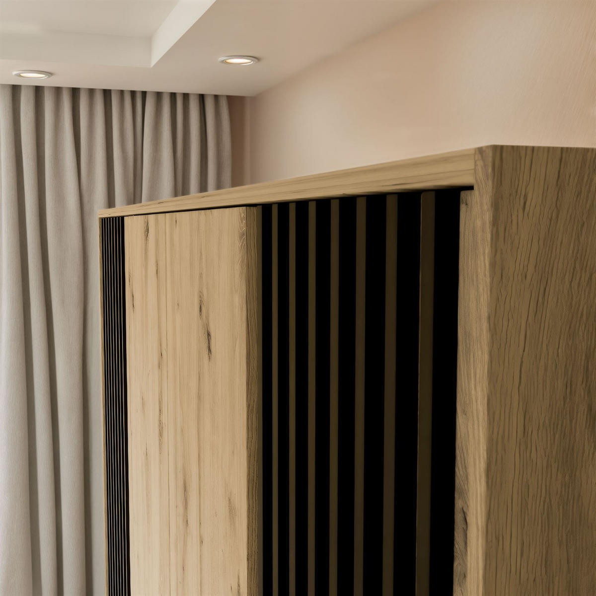 KLEIDERSCHRANK NELA, viertürig mit Lamellen, 206 cm, Artisan/Schwarz - Eiche Artisan, Holzwerkstoff (206/200/51cm) - Lookway