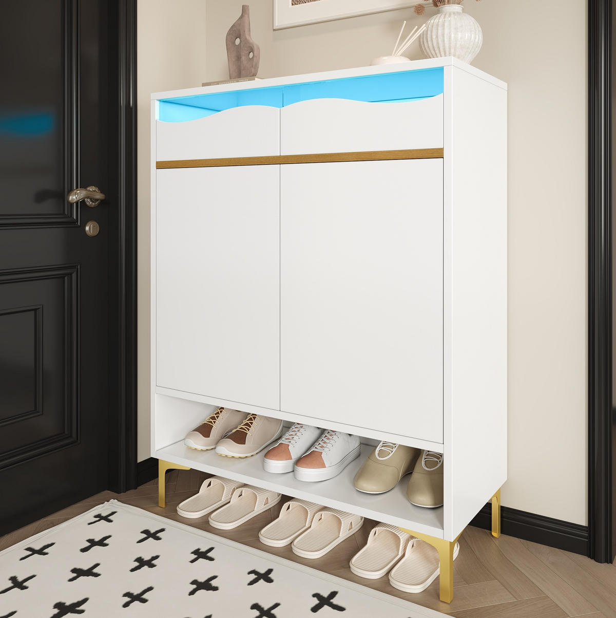 SCHUHSCHRANK aus MDF & Spanplatte 80x35x105cm in Weiß mit LED-Beleuchtung - Weiß, Holzwerkstoff (80/105/35cm) - Modfu