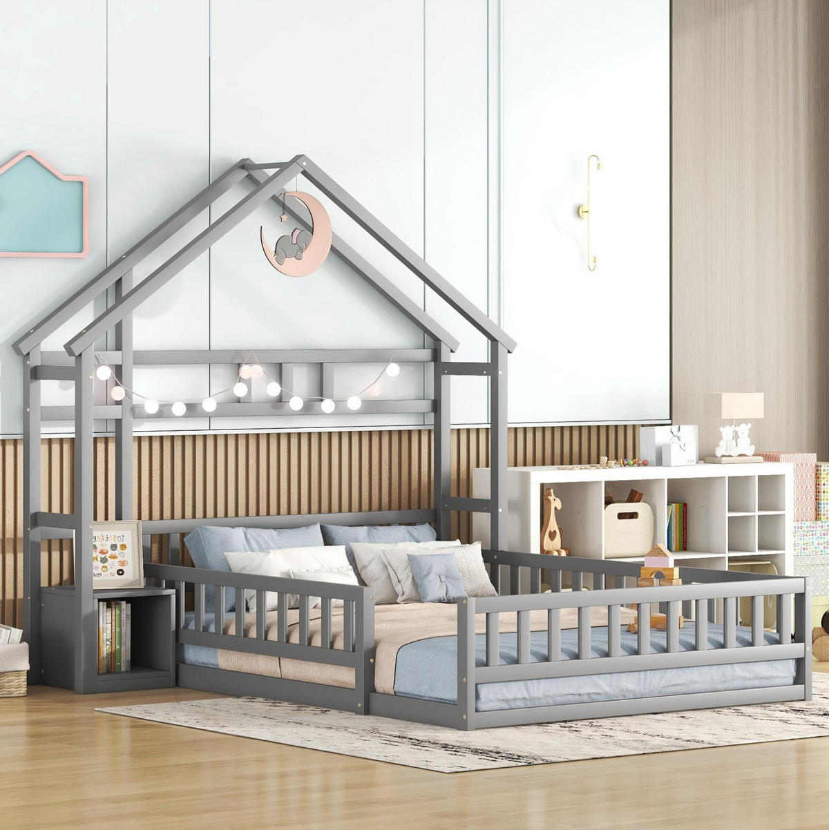 KINDERBETT 140/200 cm im Hausdesign mit Geländer und Nachttisch, Grau - Grau, Holzwerkstoff (140/200cm) - Redom