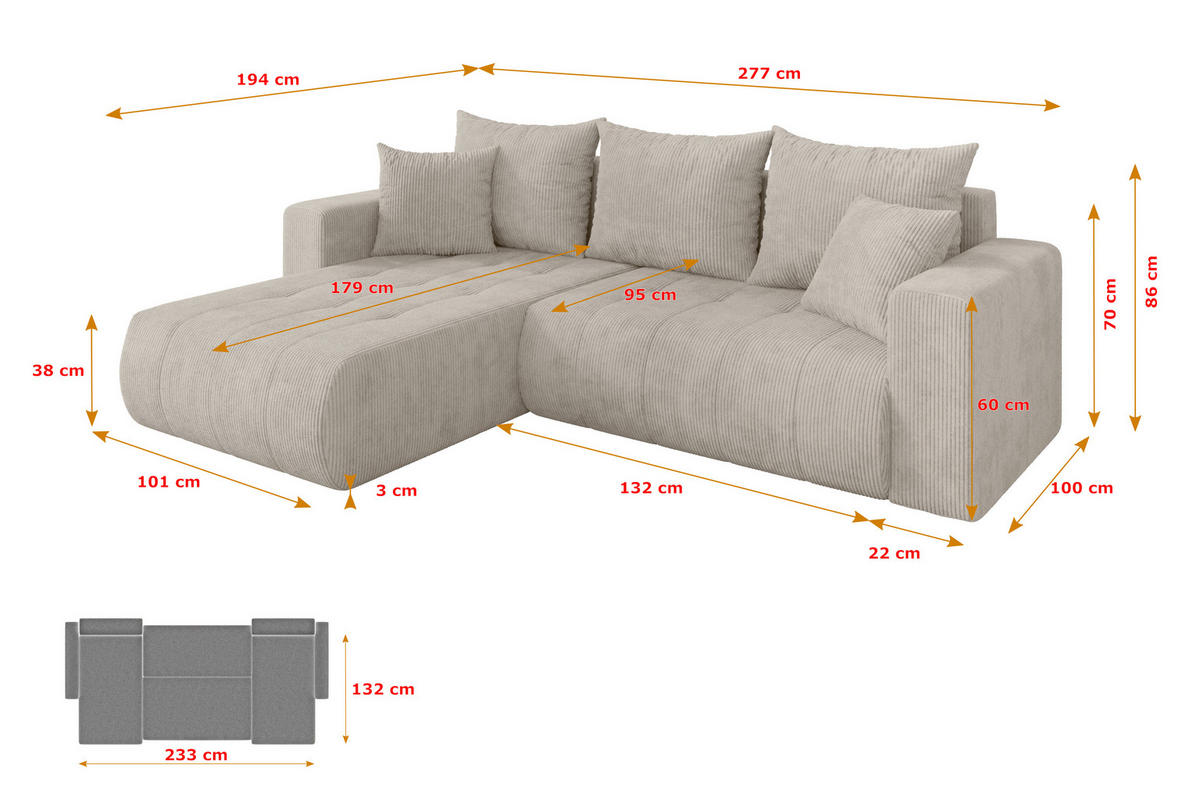 ROHOVÁ SEDAČKA s funkcí spaní, otoman vlevo MILA-L 277x194x86 krémová manšestr - černá/krémová, kompozitní dřevo/textil (277/194cm) - ALTDECOR