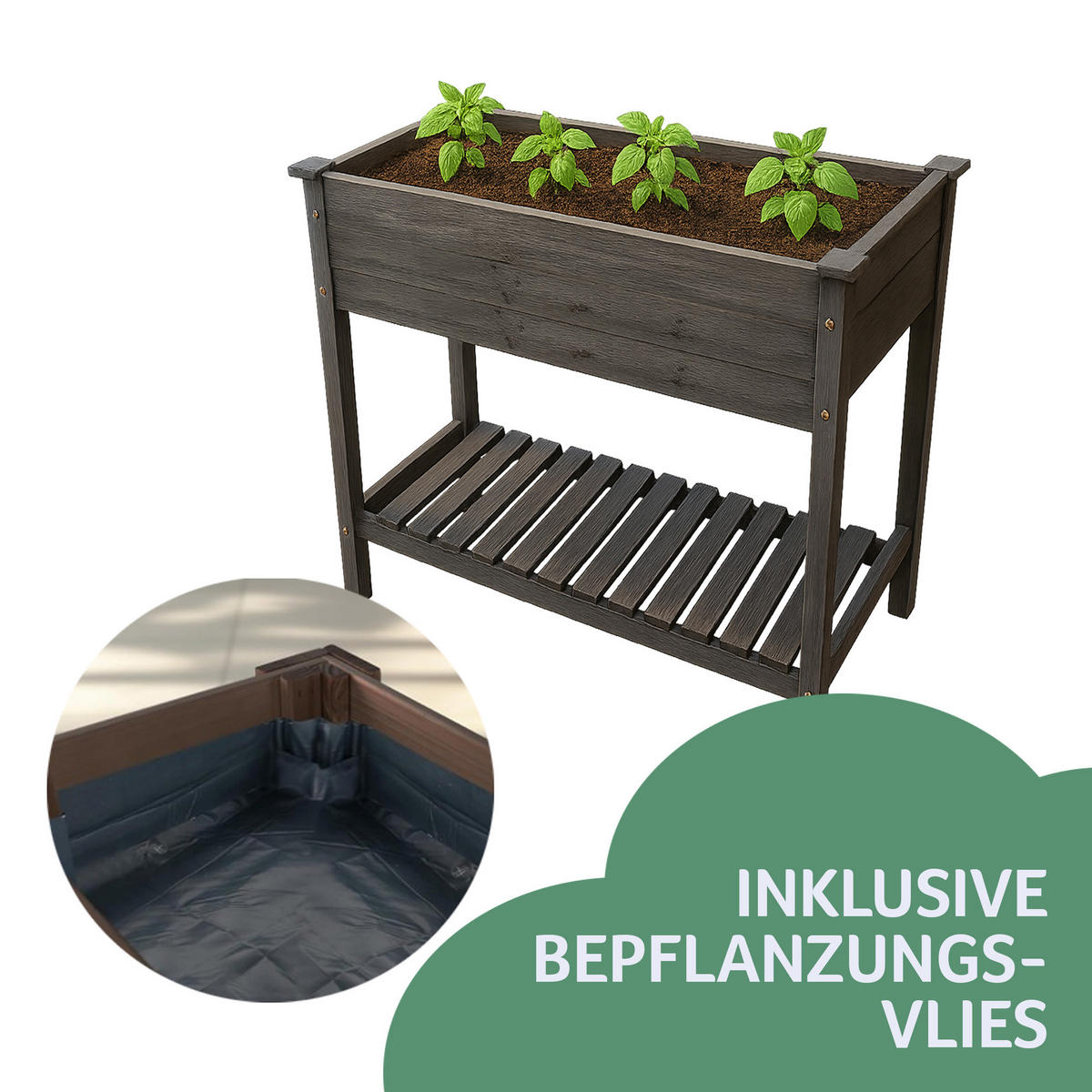 HOCHBEET inkl. Vlieseinsatz und Ablageboden Tannenholz 85x45x81 cm - Grau, Naturmaterialien (85/81/45cm) - Bestlivings