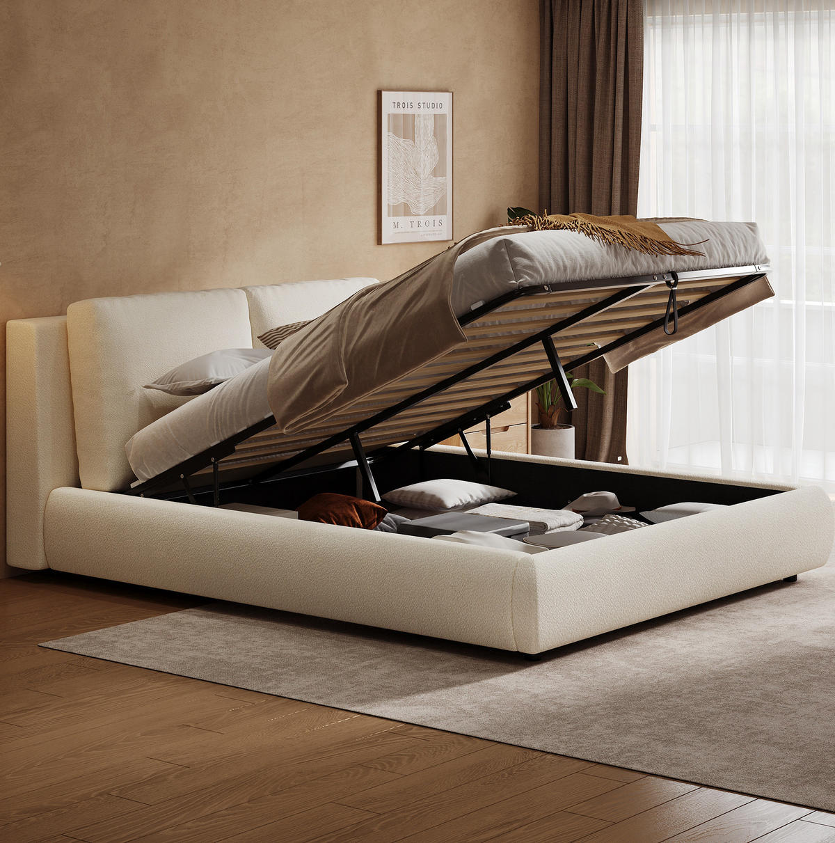 POLSTERBETT aus Bouclé 180x200 cm Beige mit Lattenrost und hydraulischem Bettkasten - Beige, Textil (180/200cm) - Modfu