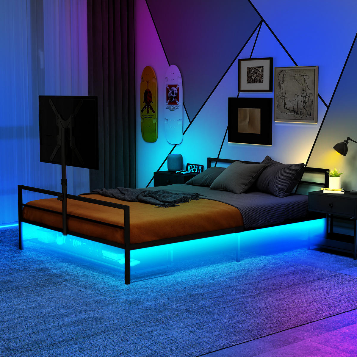 BETT Gaming 206 cm schwarz mit LED-Beleuchtung und verstellbarer Halterung - Schwarz, Metall (90/200cm) - OKWISH