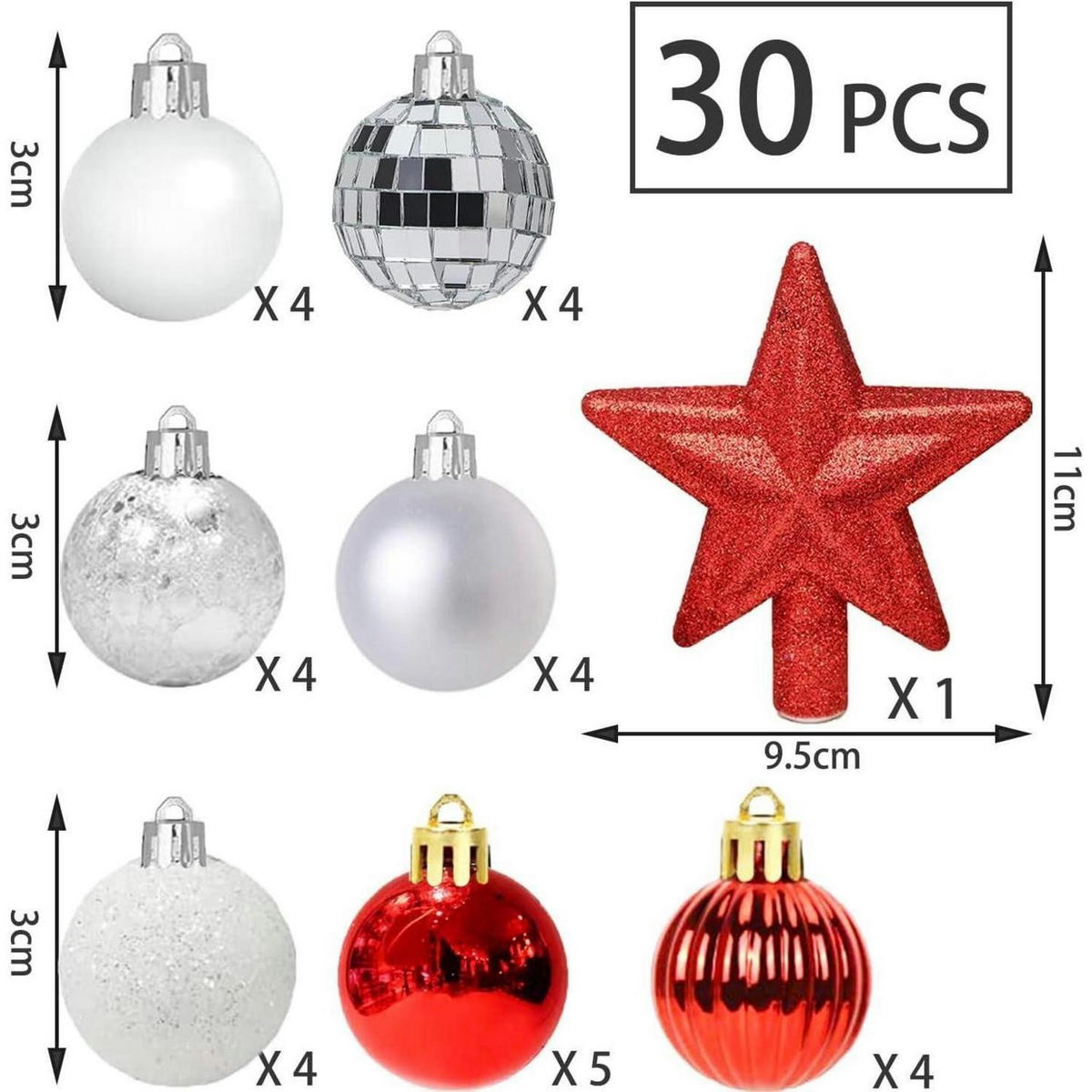 WEIHNACHTSKUGELN 30-teiliges Set Rot & Weiß 3 cm - Multicolor, Kunststoff (3/3/3cm)