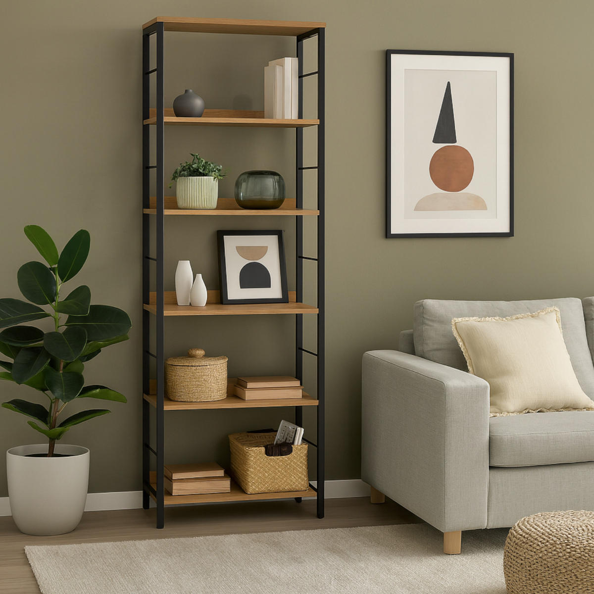 STANDREGAL Holzoptik Metall Eichebraun Schwarz 6 Ebenen 178×60×30 cm - Eichefarben/Schwarz, Holzwerkstoff/Metall (60/178/30cm) - Begryf