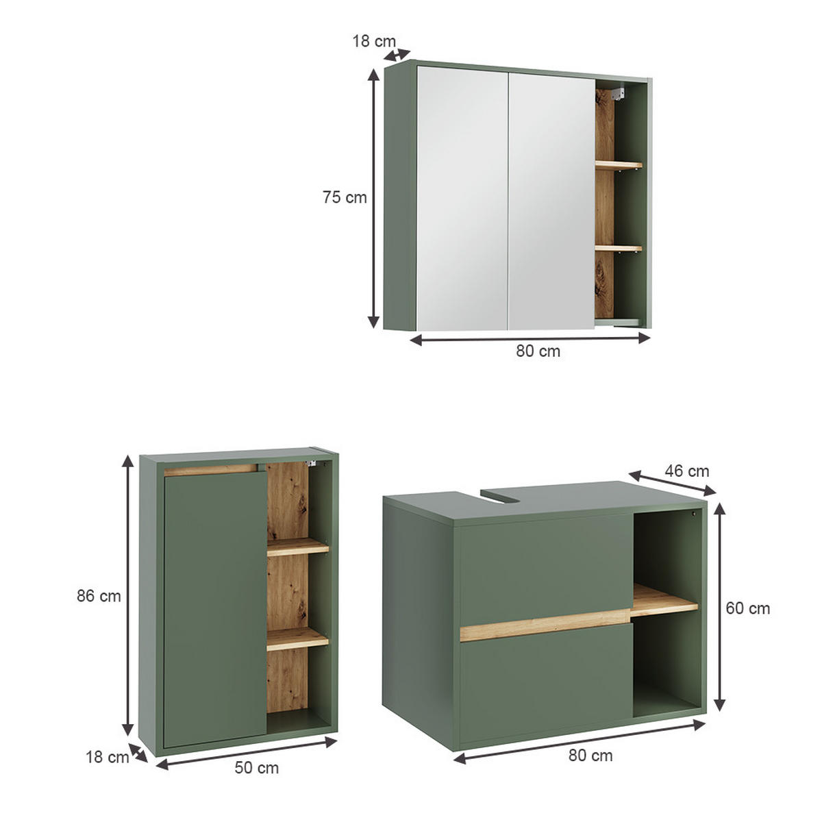 SADA KOUPELNOVÉHO NÁBYTKU Viola Zelená/umělecká - dub artisan/zelená barva, kompozitní dřevo (80/60/46cm) - Vicco