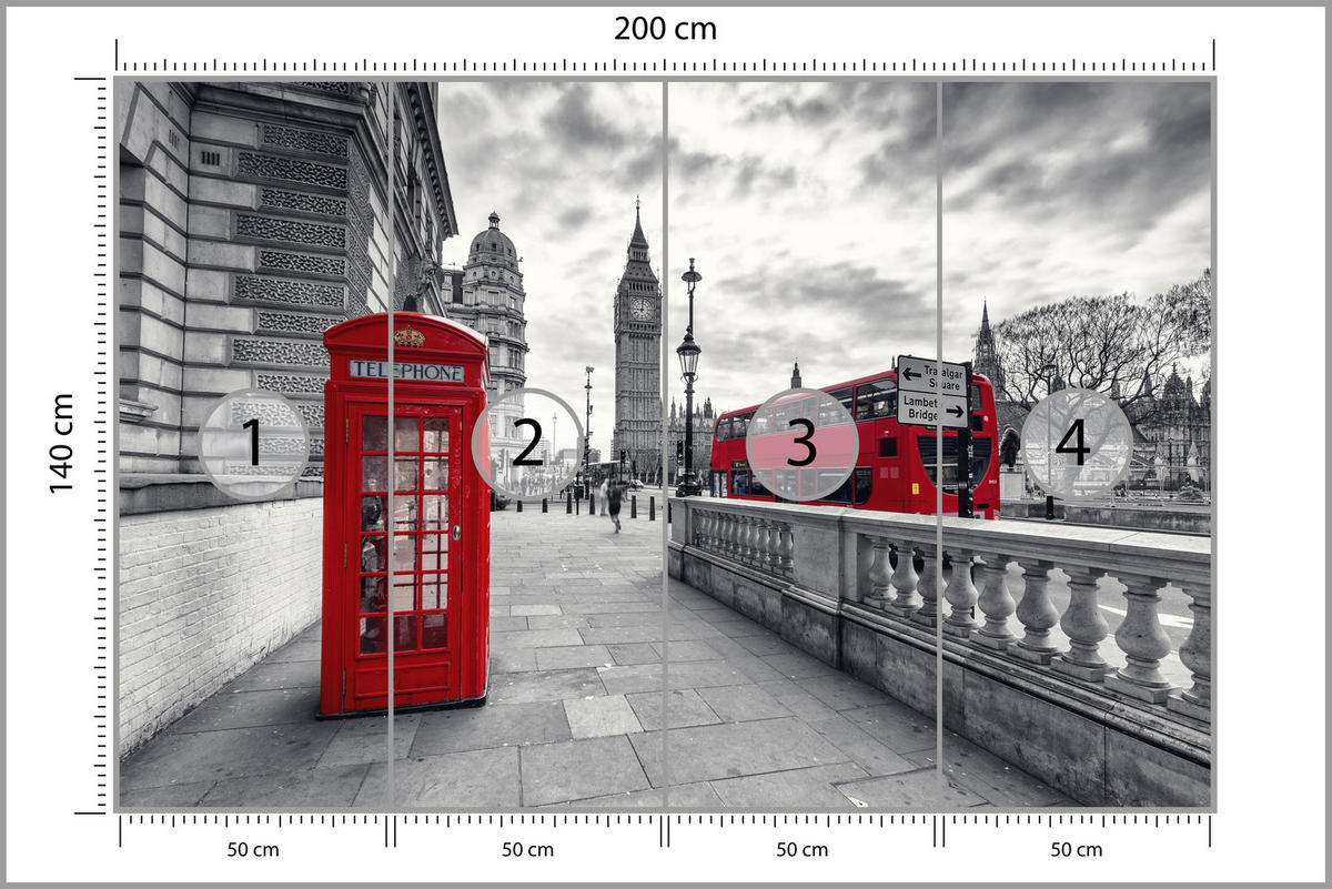 FOTOTAPETE für Wohnzimmer Rote Telefonzelle London Monument BIG BEN Bus 200x140 - Rot/Weiß, Papier (200/140cm) - Muralo