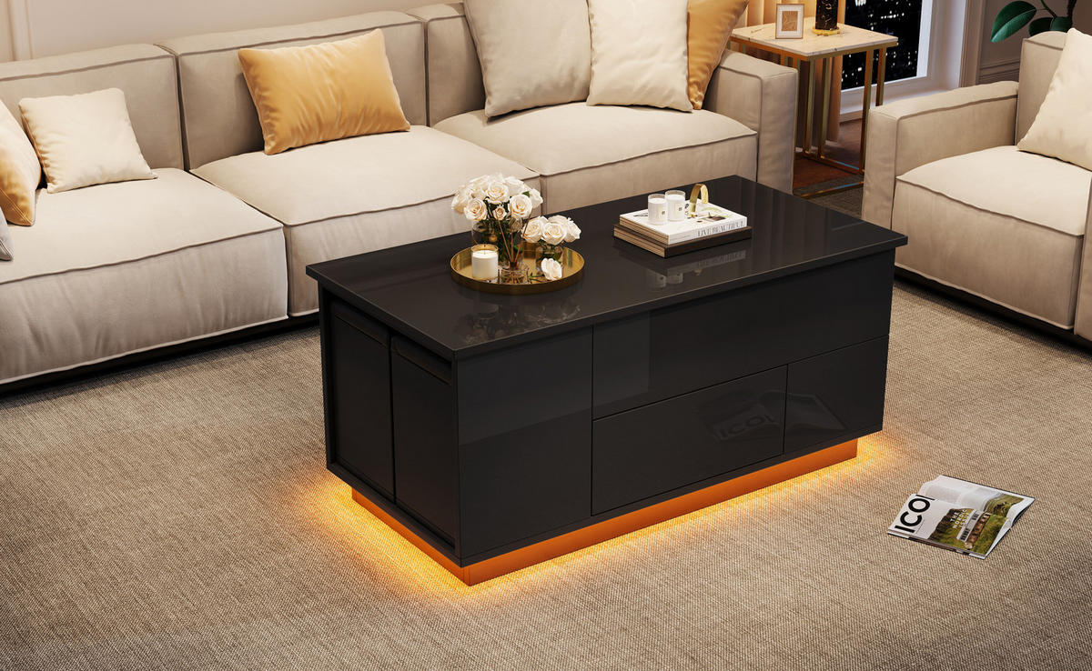 COUCHTISCH 100/50/45 cm höhenverstellbar mit LED-Beleuchtung und 2 Hockern, Schwarz - Schwarz, Holzwerkstoff (100/50/45cm) - Flora Grace