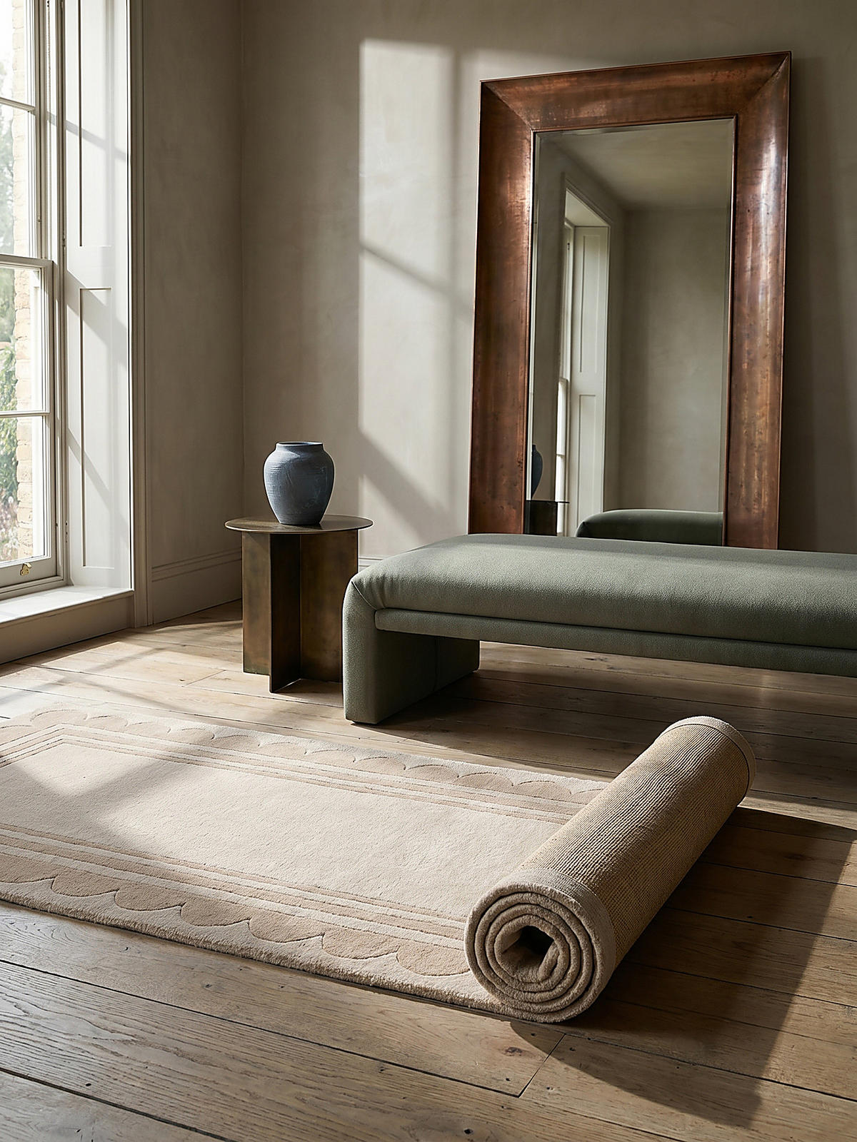 WOLLTEPPICH Grafisches Muster, Rahmen, Wohnzimmer schmutzabweisend Beige Läufer 80x230 - Beige, Textil (230/80cm) - KADIMA DESIGN