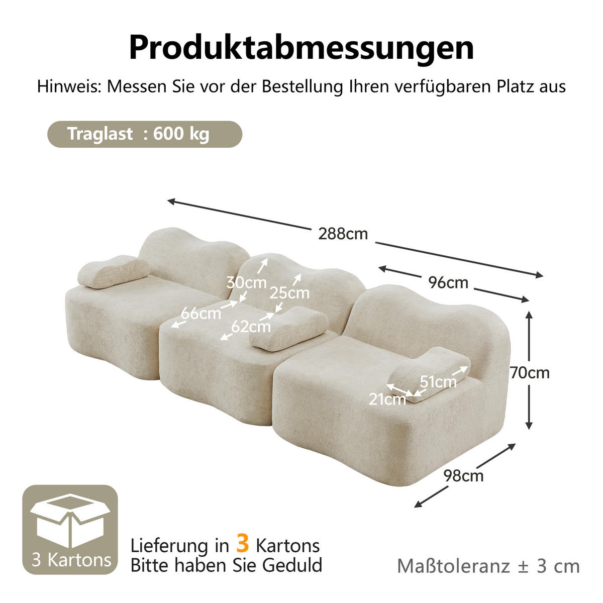 3-SITZER-SOFA DE-34348 mit Wellenform Beige - Beige, Textil (98/70/288cm) - ComfortXL