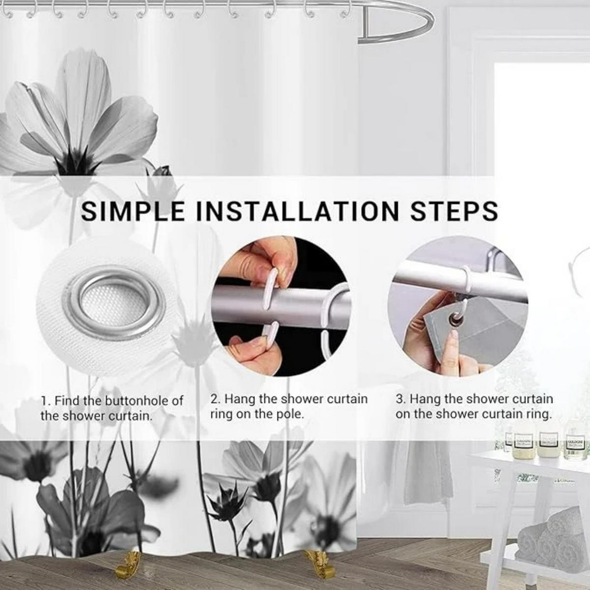 DUSCHVORHANG Grau Blumen Design wasserdicht Stoff waschbar mit Haken - Weiß, Textil (180/180cm) - MCBOSON