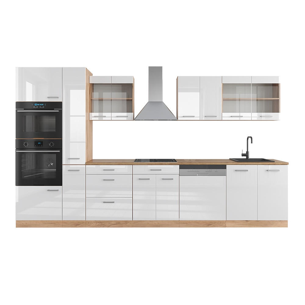 KUHINJA R-Line Bela barva visokega sijaja/zlata barva hrasta power 350 cm z visoko omaro, DP Hrast - bela/medeni hrast, leseni material (350/206.8/60cm) - Vicco