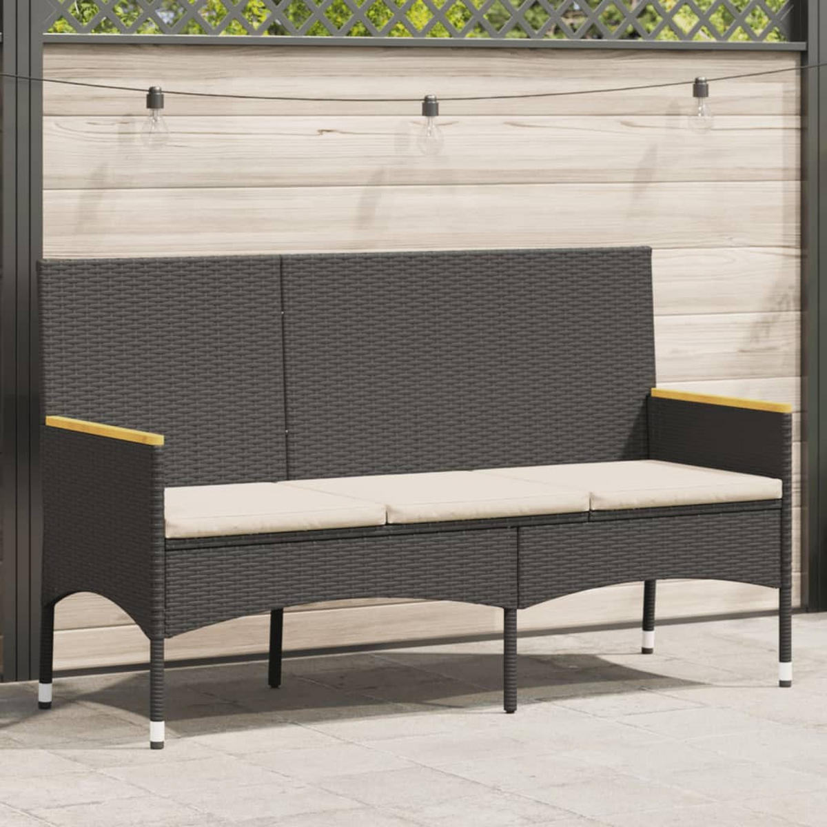 GARTENBANK 3-Sitzer mit Kissen Schwarz Poly Rattan - Schwarz, Kunststoff (140/85/54cm) - furnicato