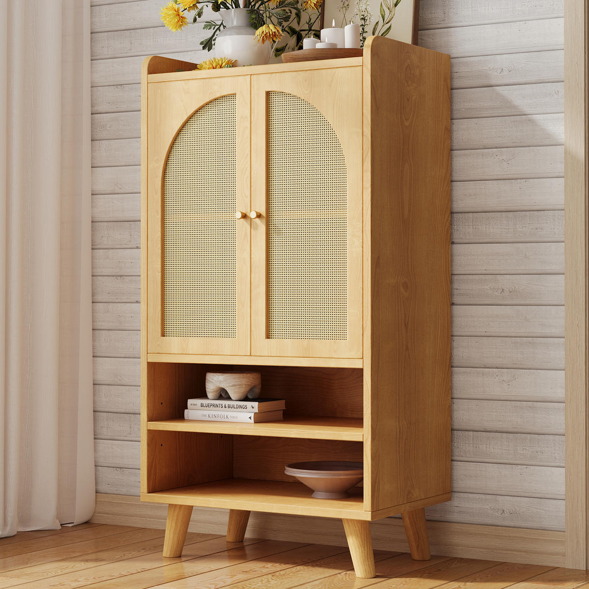 SIDEBOARD Rattan Holz 2 Türen 2 Fächer 60x40x121cm Stauraum - Naturfarben, Holzwerkstoff (40/121/60cm) - FLIEKS