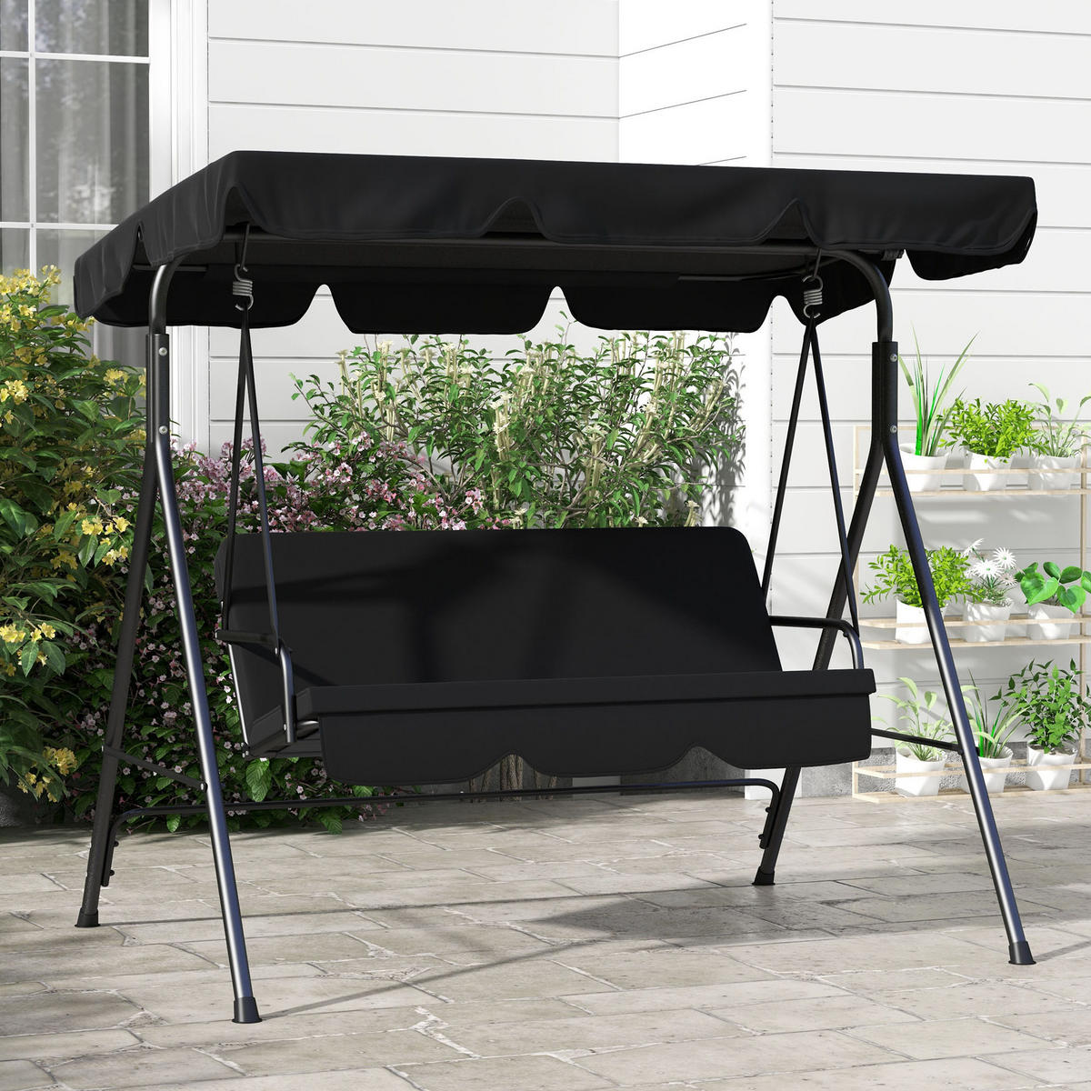 HOLLYWOODSCHAUKEL aus Stahl 172 x 110 x 153 cm in Schwarz mit schwenkbarem Sonnendach - Schwarz, Metall (110/153/172cm) - Modfu