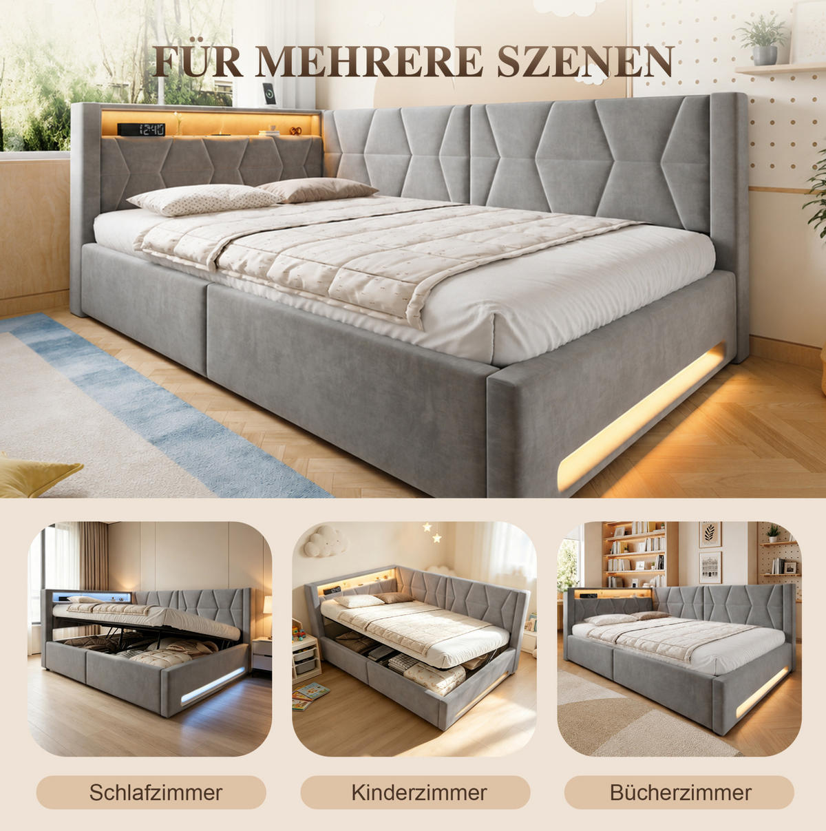 POLSTERBETT 140x200 cm in Dunkelgrau mit Bettkasten, LED-Beleuchtung und USB/Type-C - Dunkelgrau, Metall (140/200cm) - IVMEU
