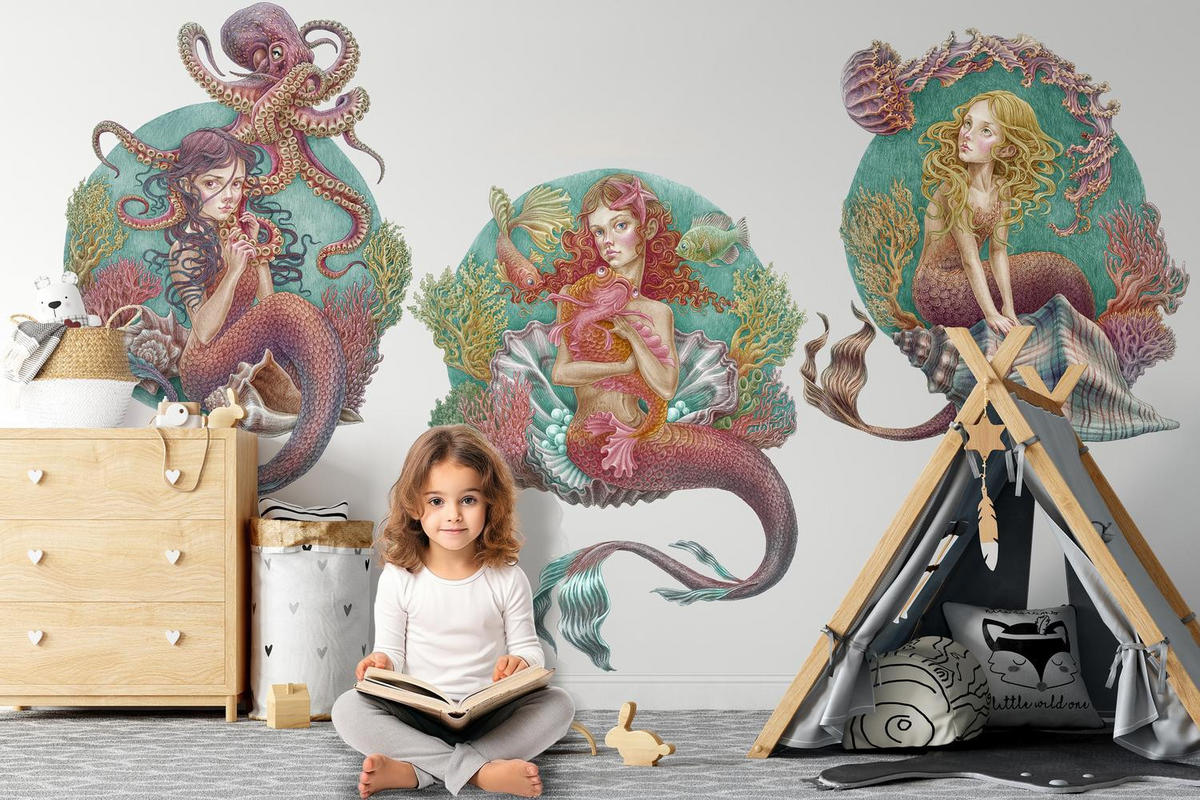 WANDAUFKLEBER 100x132cm - Die kleinen Meerjungfrauen - Multicolor, Kunststoff (100/132/0.1cm) - Wallfluent