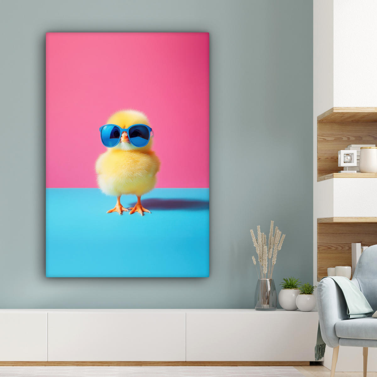 LEINWANDBILD Chick - Sonnenbrille - Blau Deko XXL 80x120 cm - Pink/Gelb, Textil (80/120cm) - MuchoWow