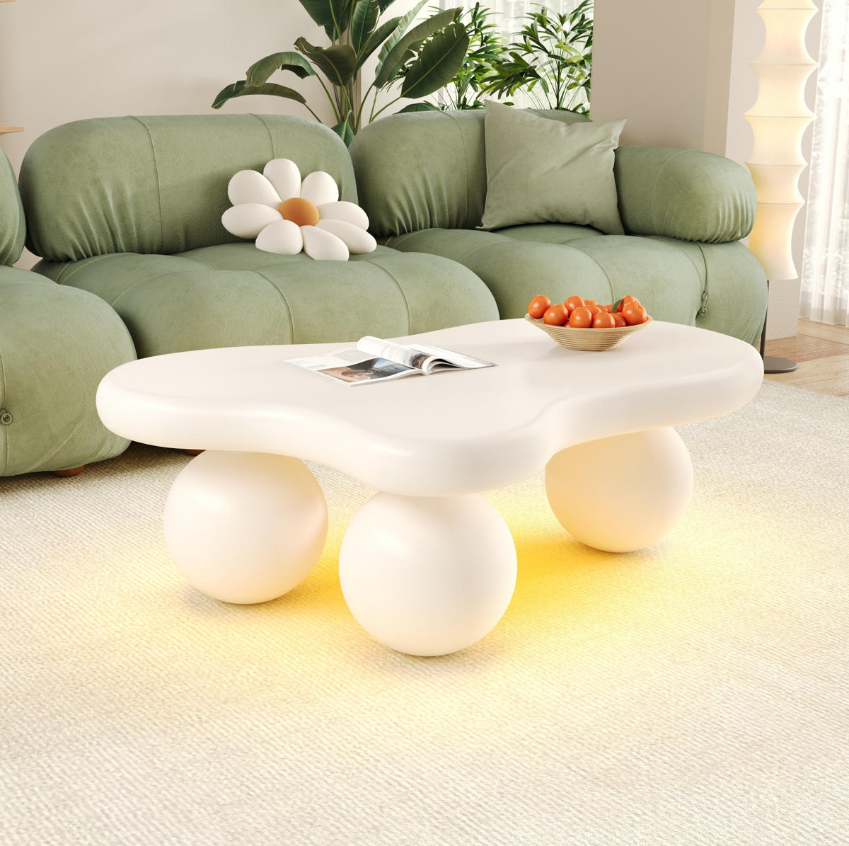 COUCHTISCH 95/62,5/32 cm mit LED-Beleuchtung, wolkenförmigem Design und MDF-Oberfläche, Weiß - Weiß, Holzwerkstoff (95/62.5/32cm) - Redom