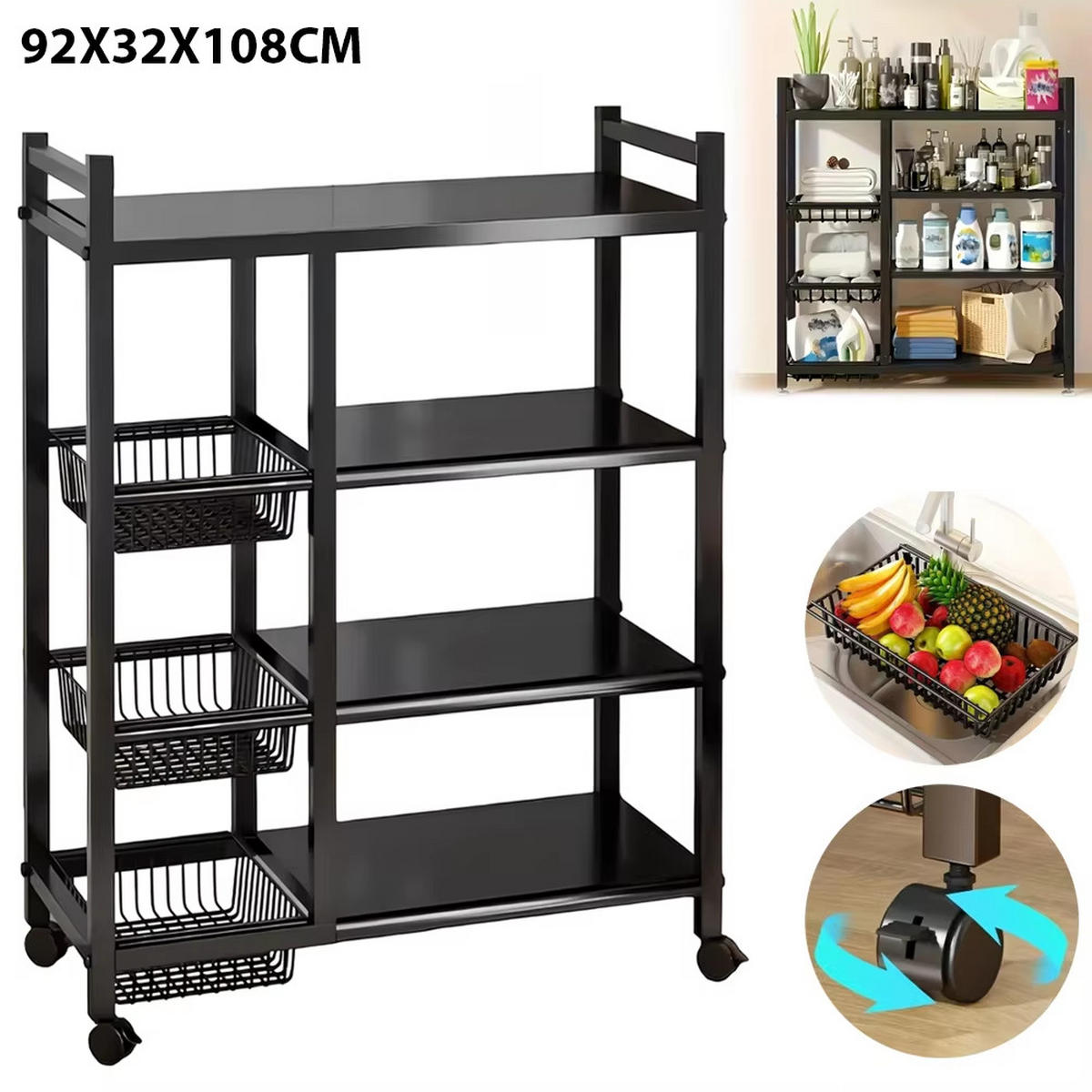 KÜCHENREGAL 92x108x32 cm Rollregal Lager Küche - Schwarz, Metall (92/108/32cm) - Kaket