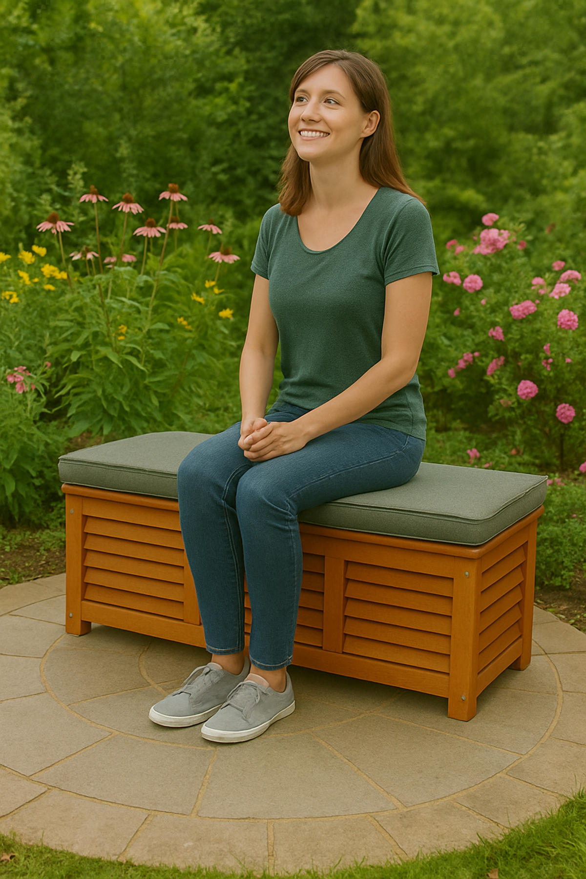 KISSENBOX Cardiff aus Eukalyptusholz, mit Sitzpolster 5cm grau, 128x42x43 cm - Braun, Holz (128/43/42cm) - TPFGarden