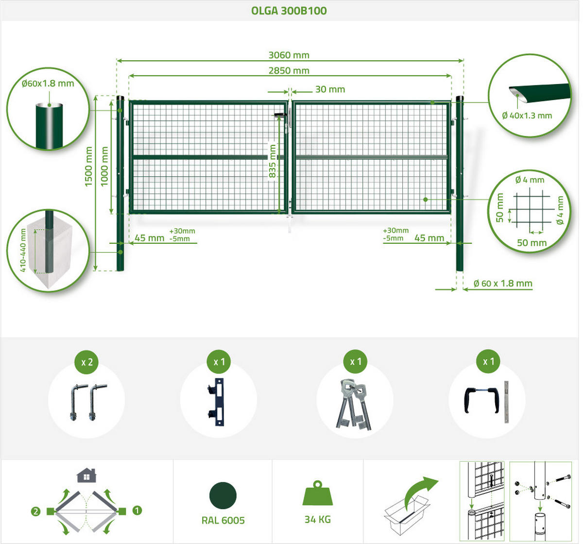 ZAUNTOR Olga Grün 3m H.100cm - Grün, Metall (306/106cm) - Casanoov